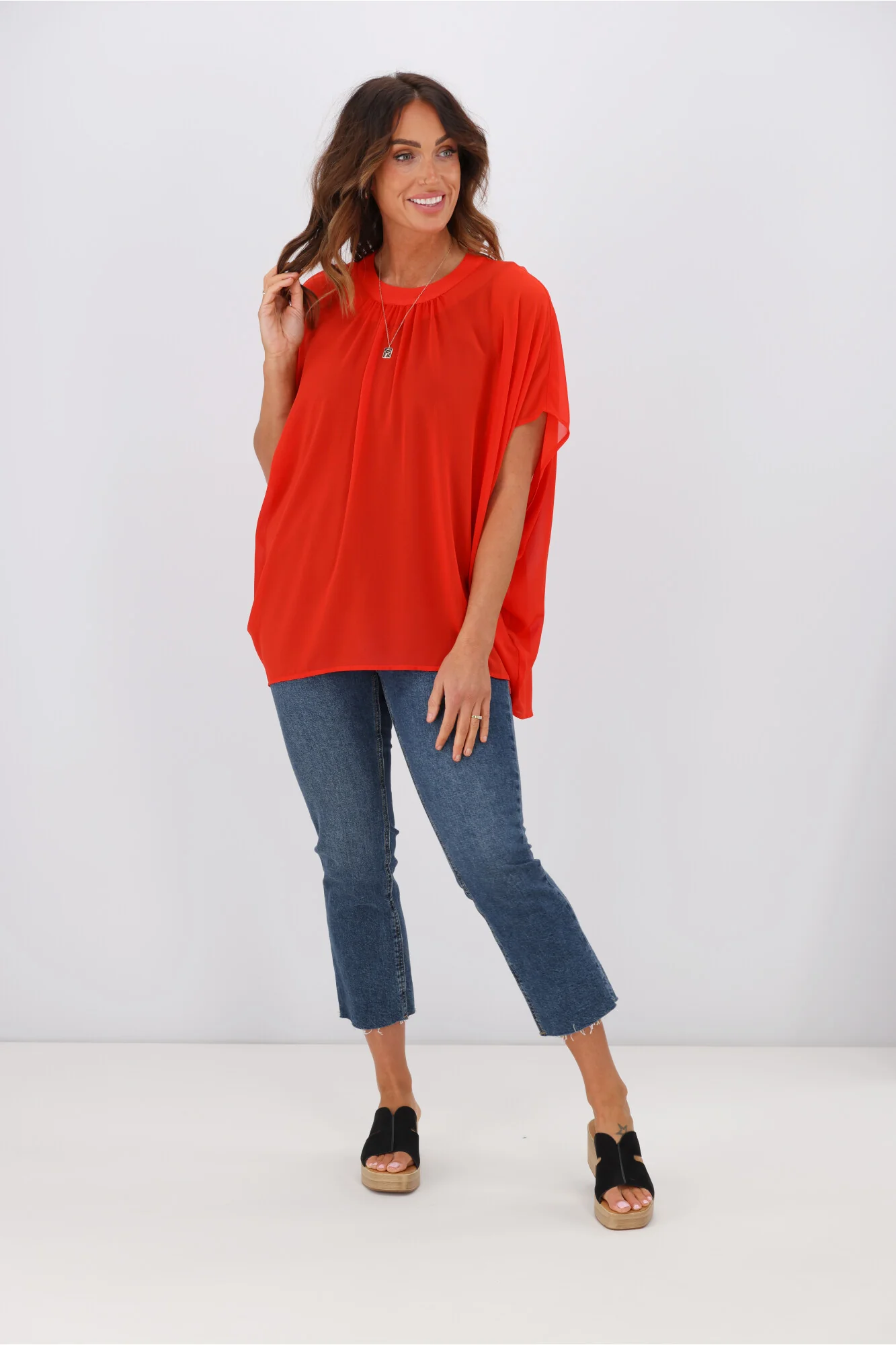 Gloss by Shine On Mathilda Batwing Tie Neck Top Tomato