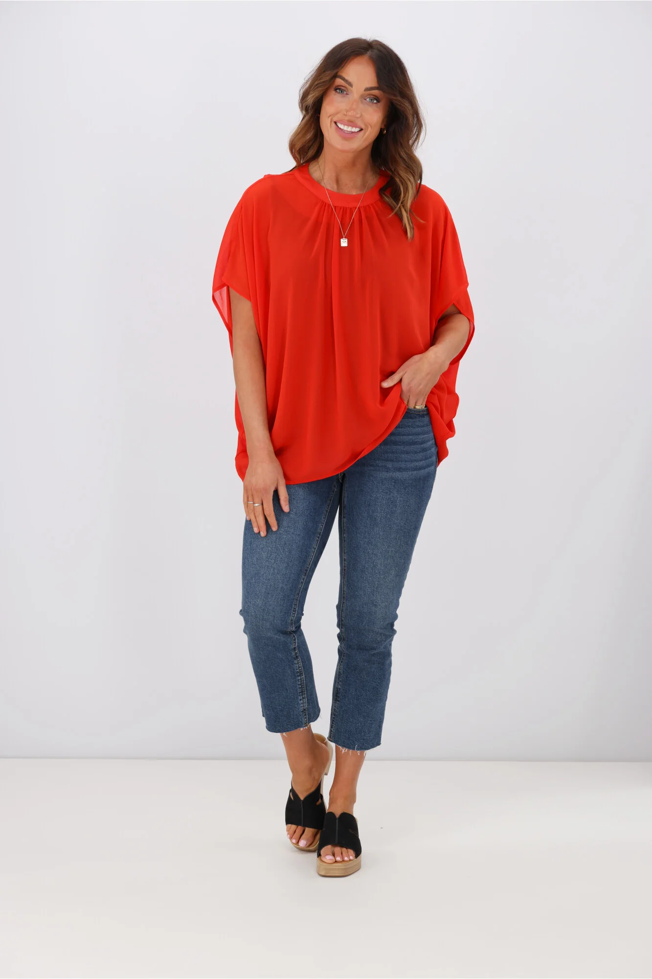 Gloss by Shine On Mathilda Batwing Tie Neck Top Tomato - Image 5