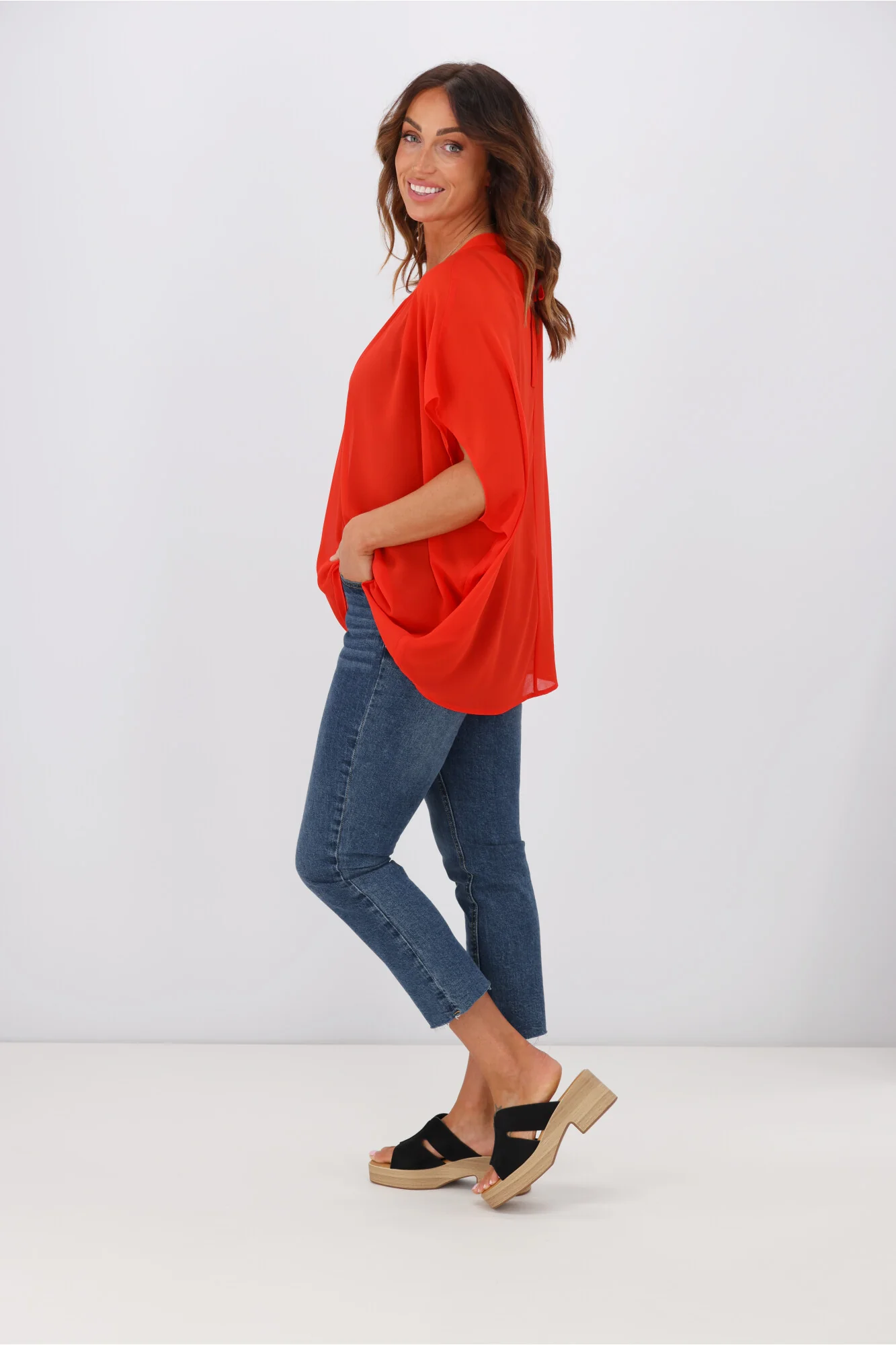 Gloss by Shine On Mathilda Batwing Tie Neck Top Tomato - Image 6