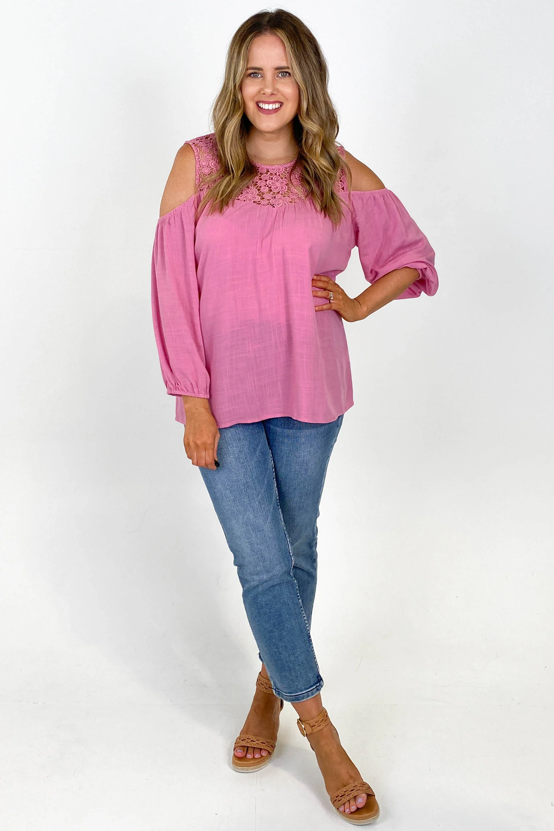 Gloss by Shine On Tayla Lace Cold Shoulder Top Pink - Image 10