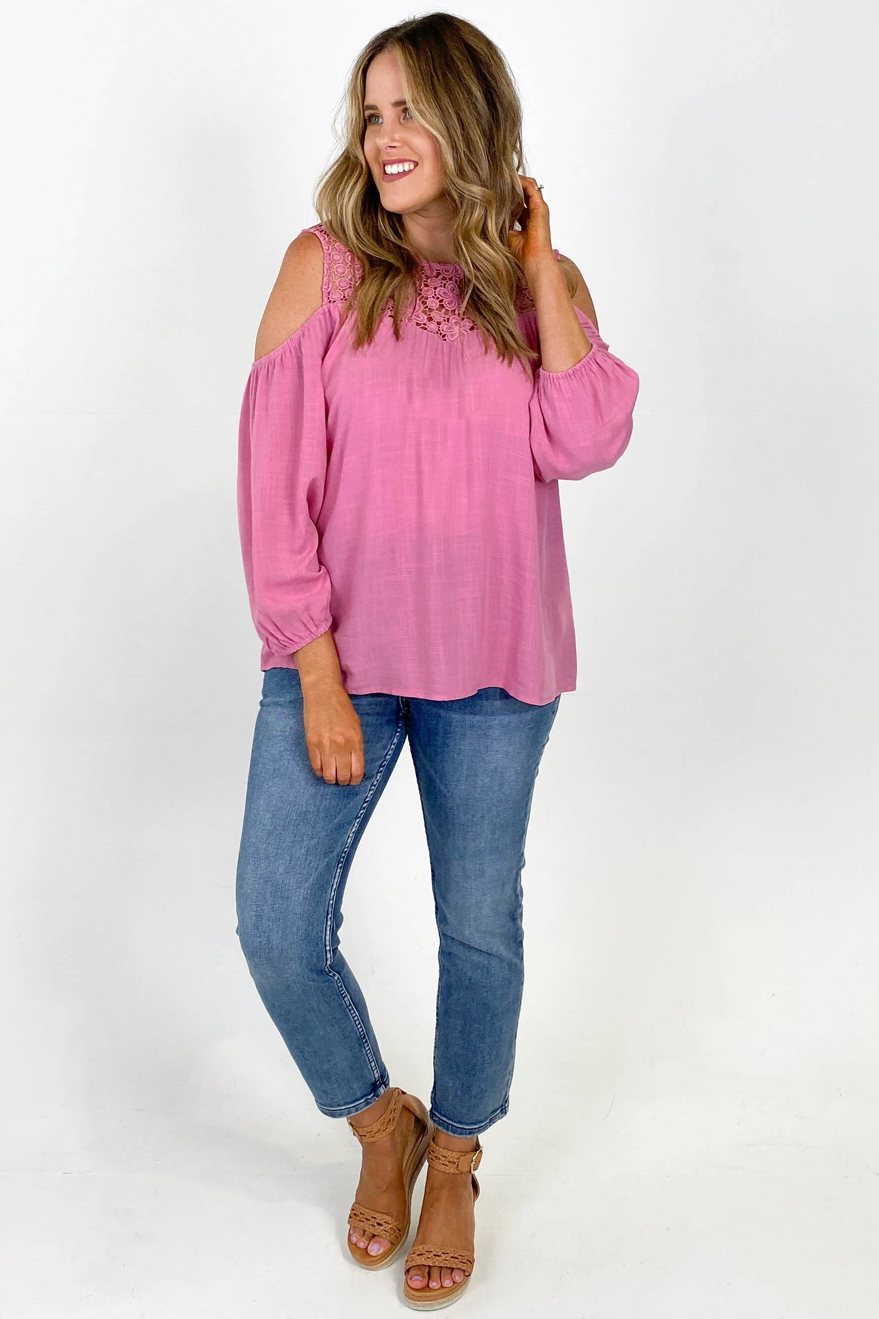 Gloss by Shine On Tayla Lace Cold Shoulder Top Pink - Image 7
