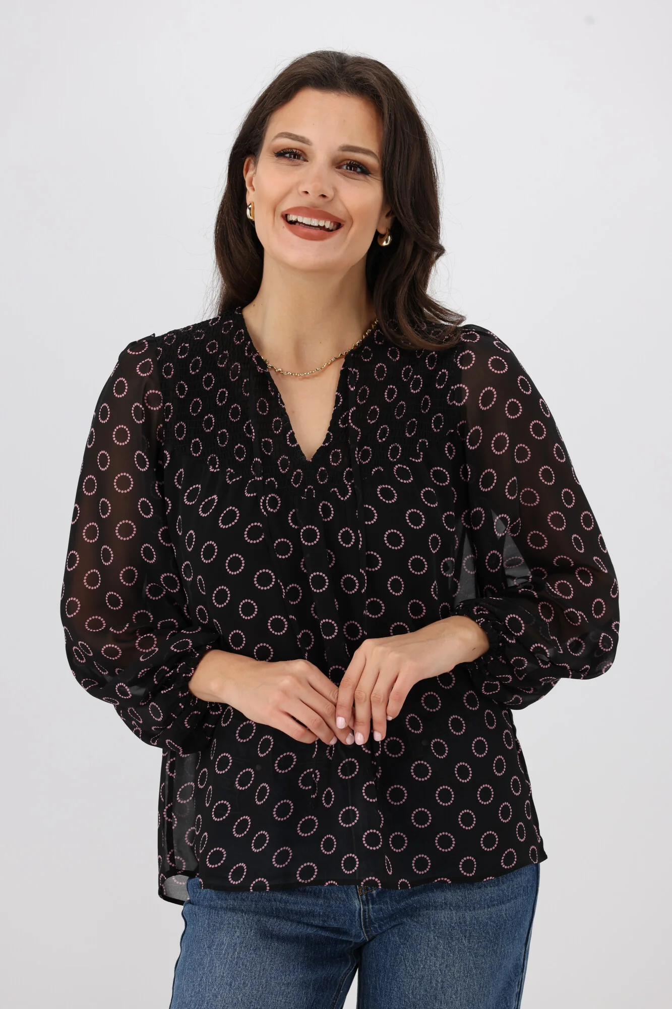Gloss by Shine On Zara Shirred Neck Top Black Circle Print - Image 2