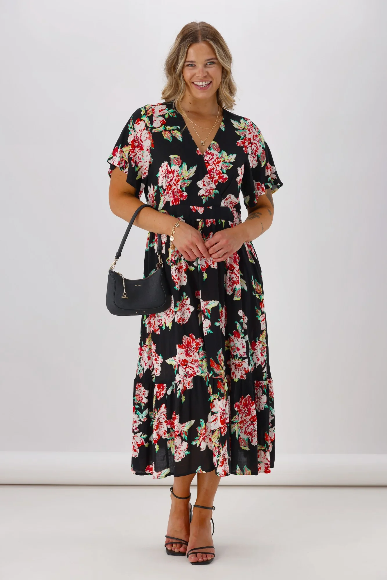 Gloss Tate Mock Wrap Front Dress  Black Floral