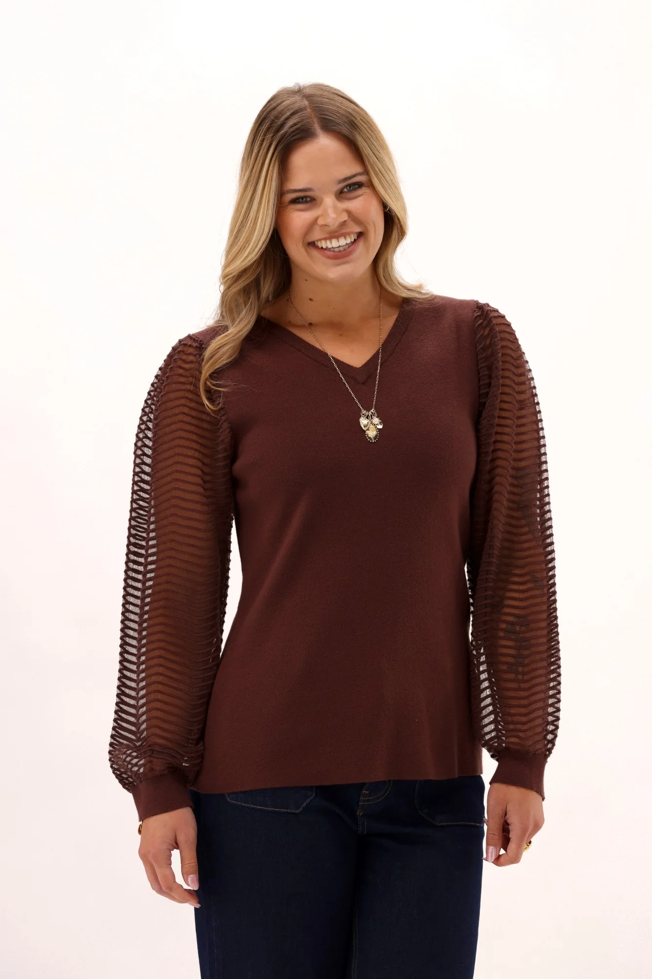 Gloss The Label Abbey Contrast Sleeve Knit Top Chocolate