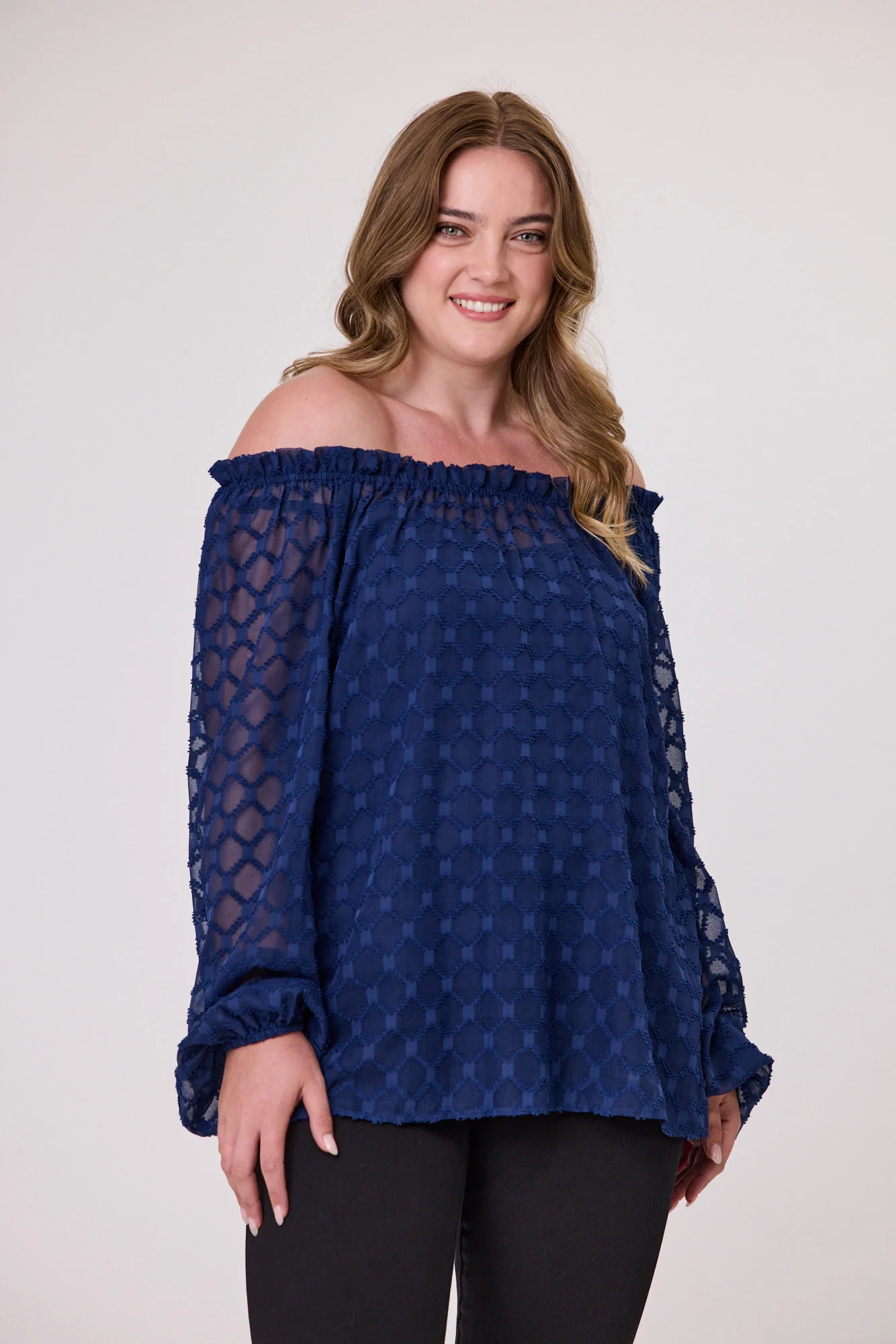 Gloss the Label Aisling Shirred Neck Top Navy Textured Chiffon - Image 3