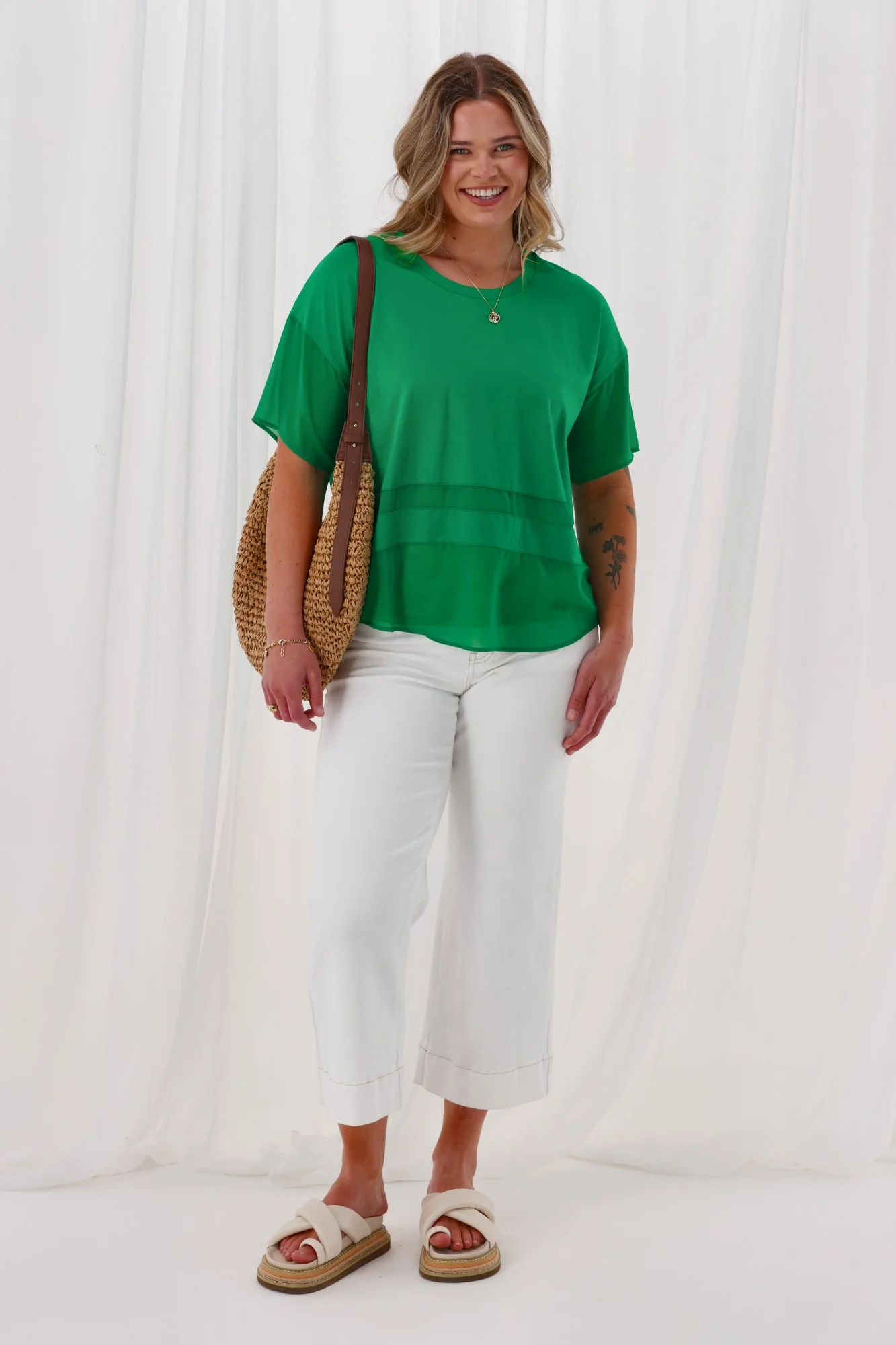 Gloss The Label Amana Chiffon Panel Tee Green - Image 3