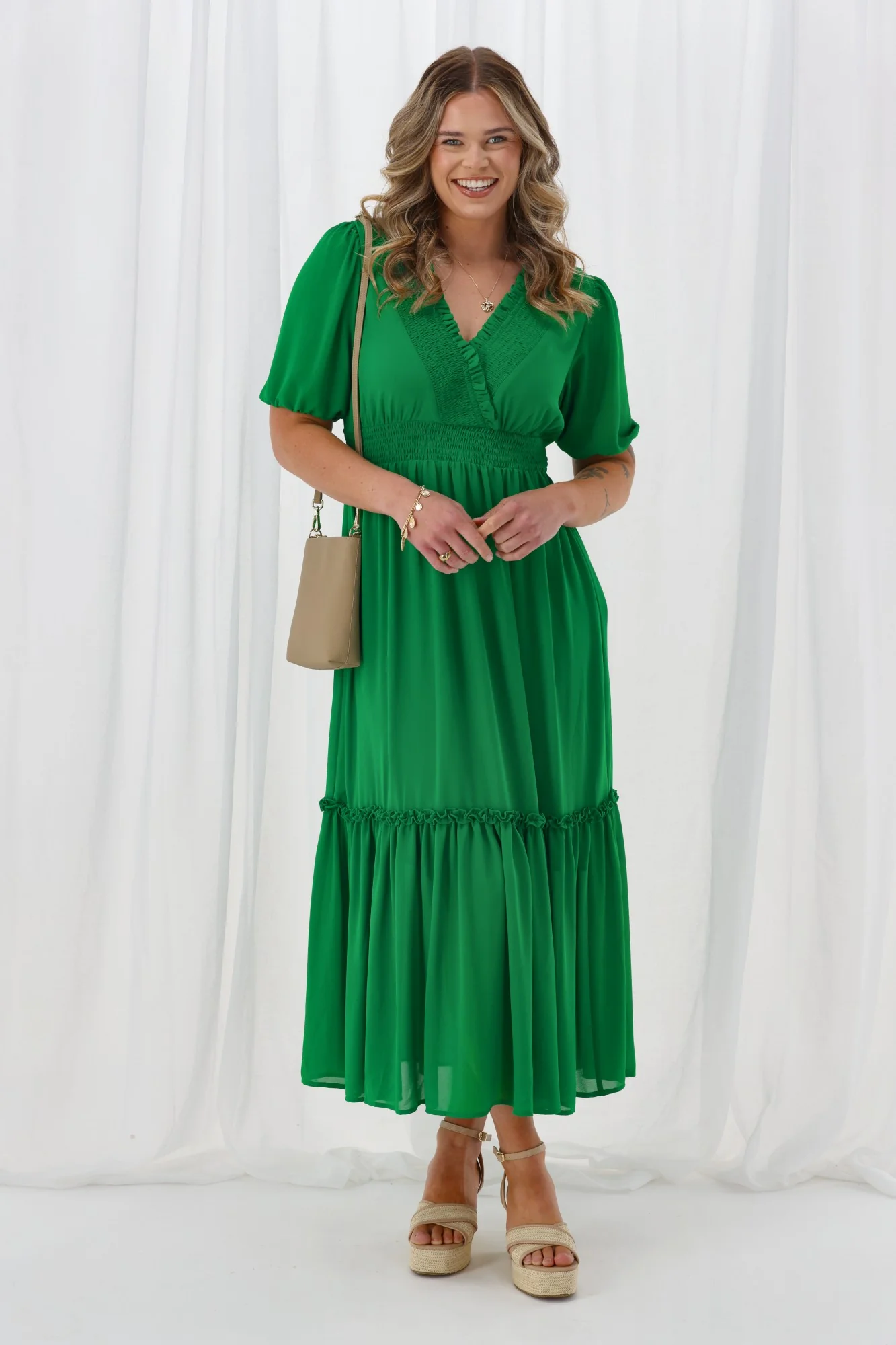 Gloss The Label Archie Shirred Cross Over Maxi Tiered Dress Green