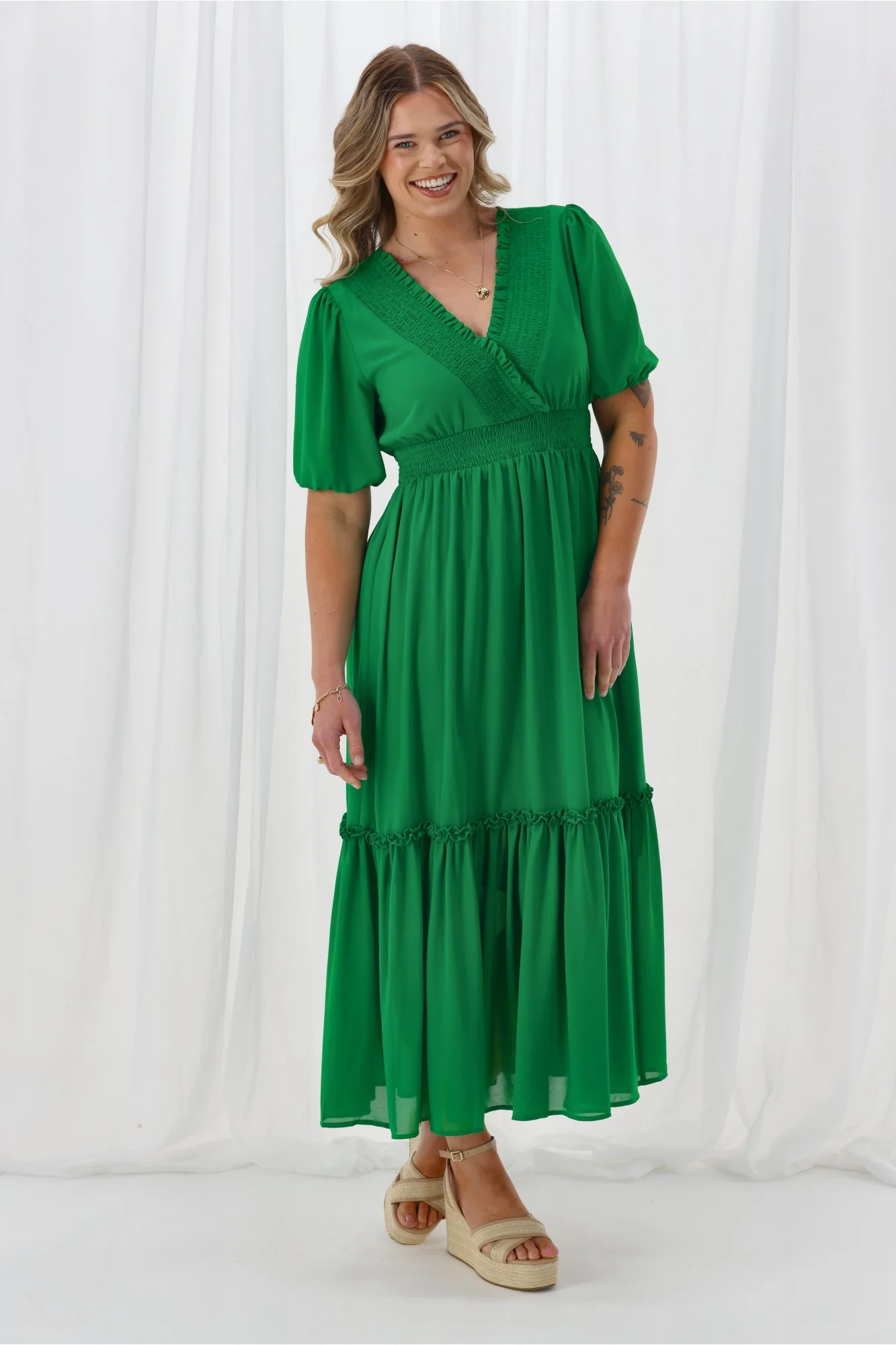 Gloss The Label Archie Shirred Cross Over Maxi Tiered Dress Green - Image 3