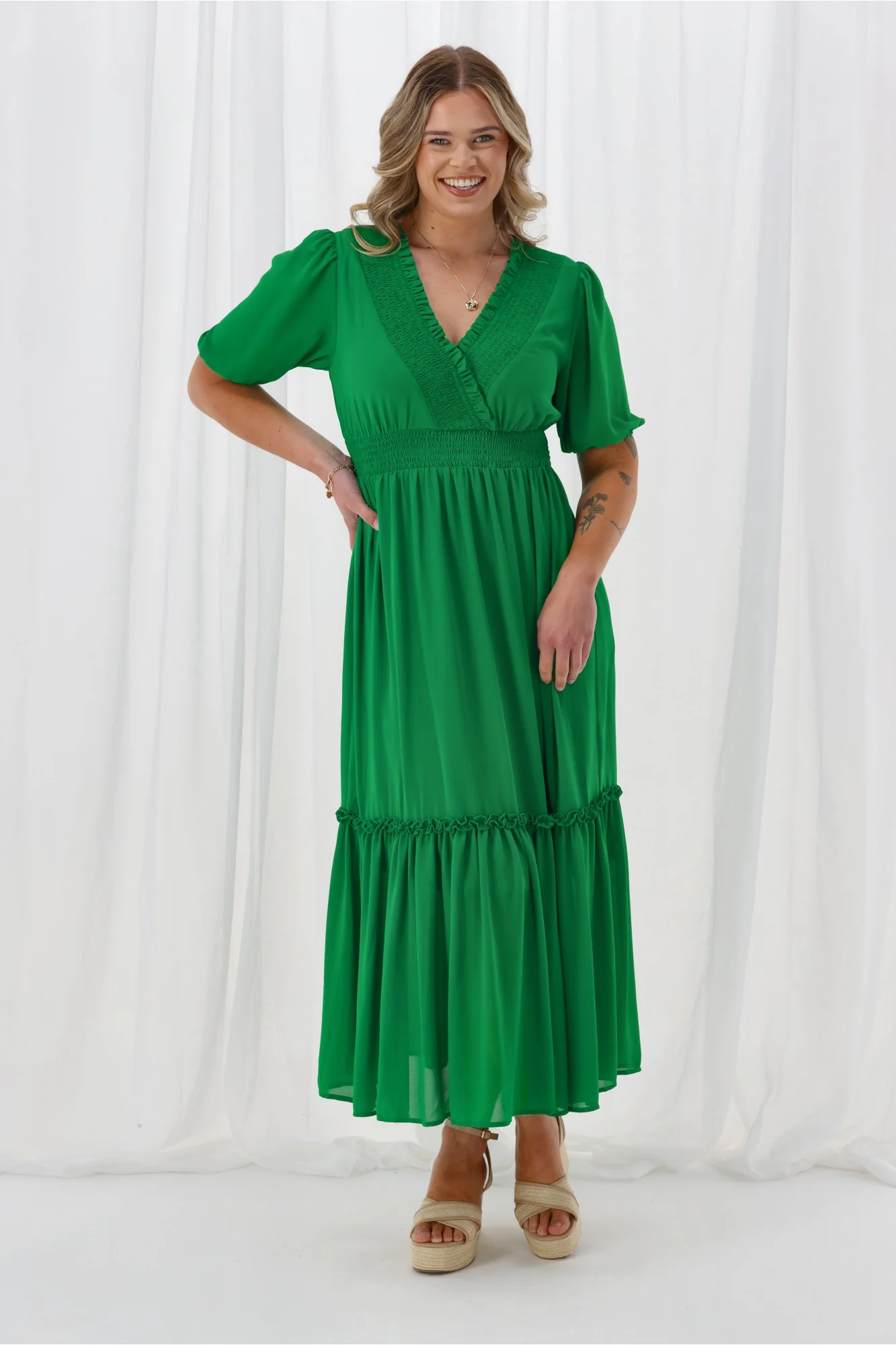Gloss The Label Archie Shirred Cross Over Maxi Tiered Dress Green - Image 4