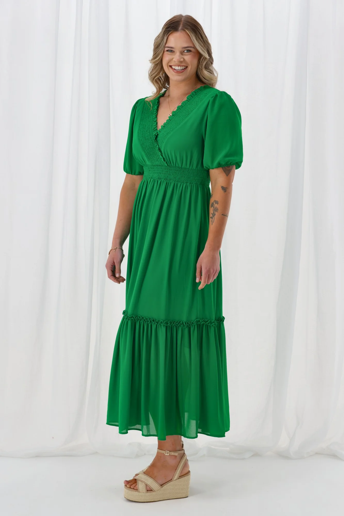 Gloss The Label Archie Shirred Cross Over Maxi Tiered Dress Green - Image 5