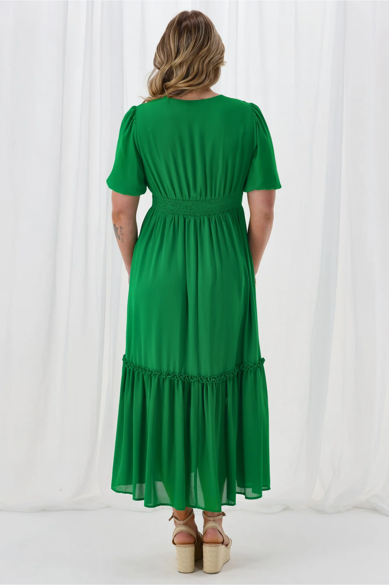 Gloss The Label Archie Shirred Cross Over Maxi Tiered Dress Green - Image 6
