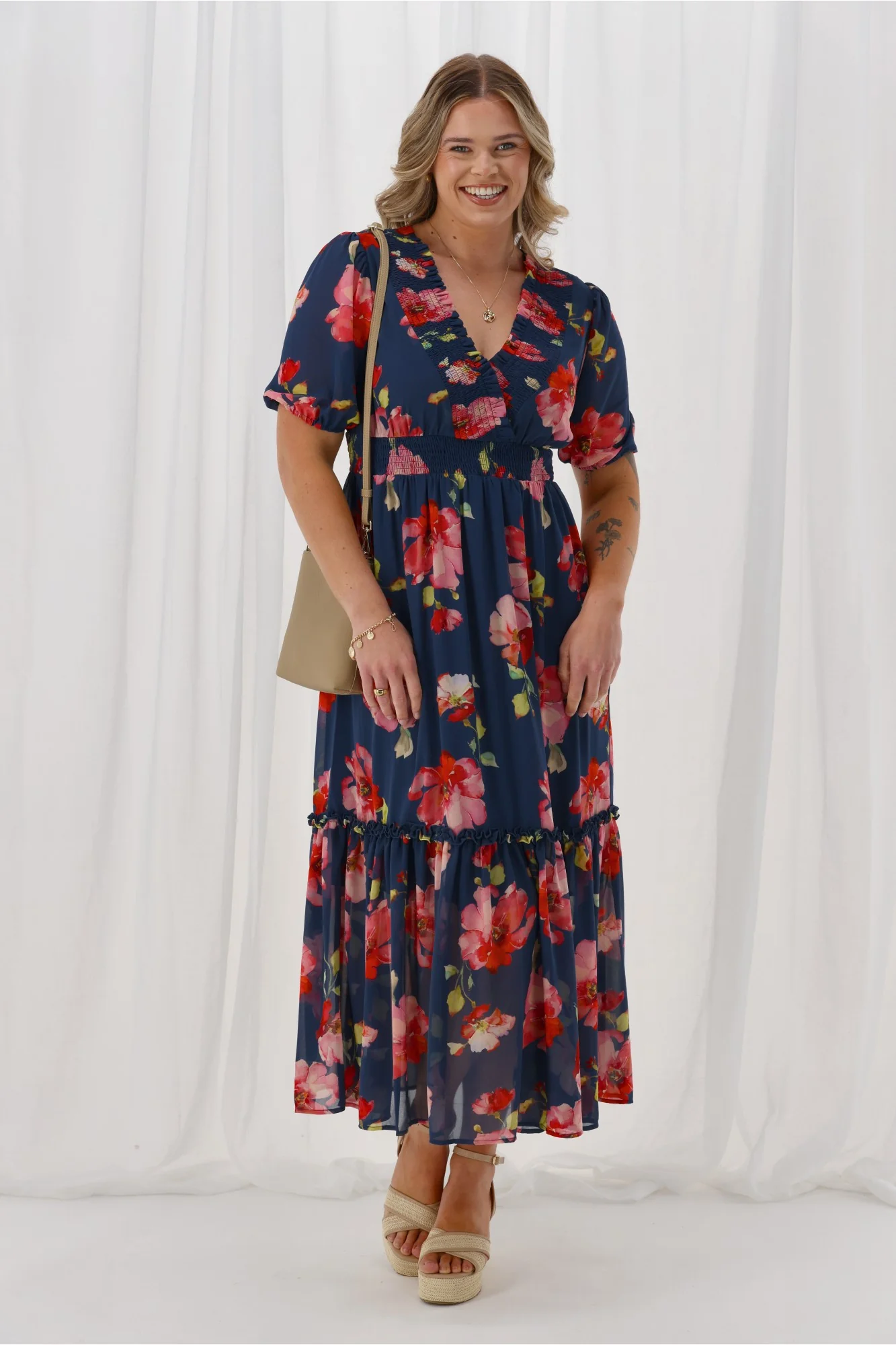 Gloss The Label Archie Shirred Cross Over Maxi Tiered Dress Midnight Floral