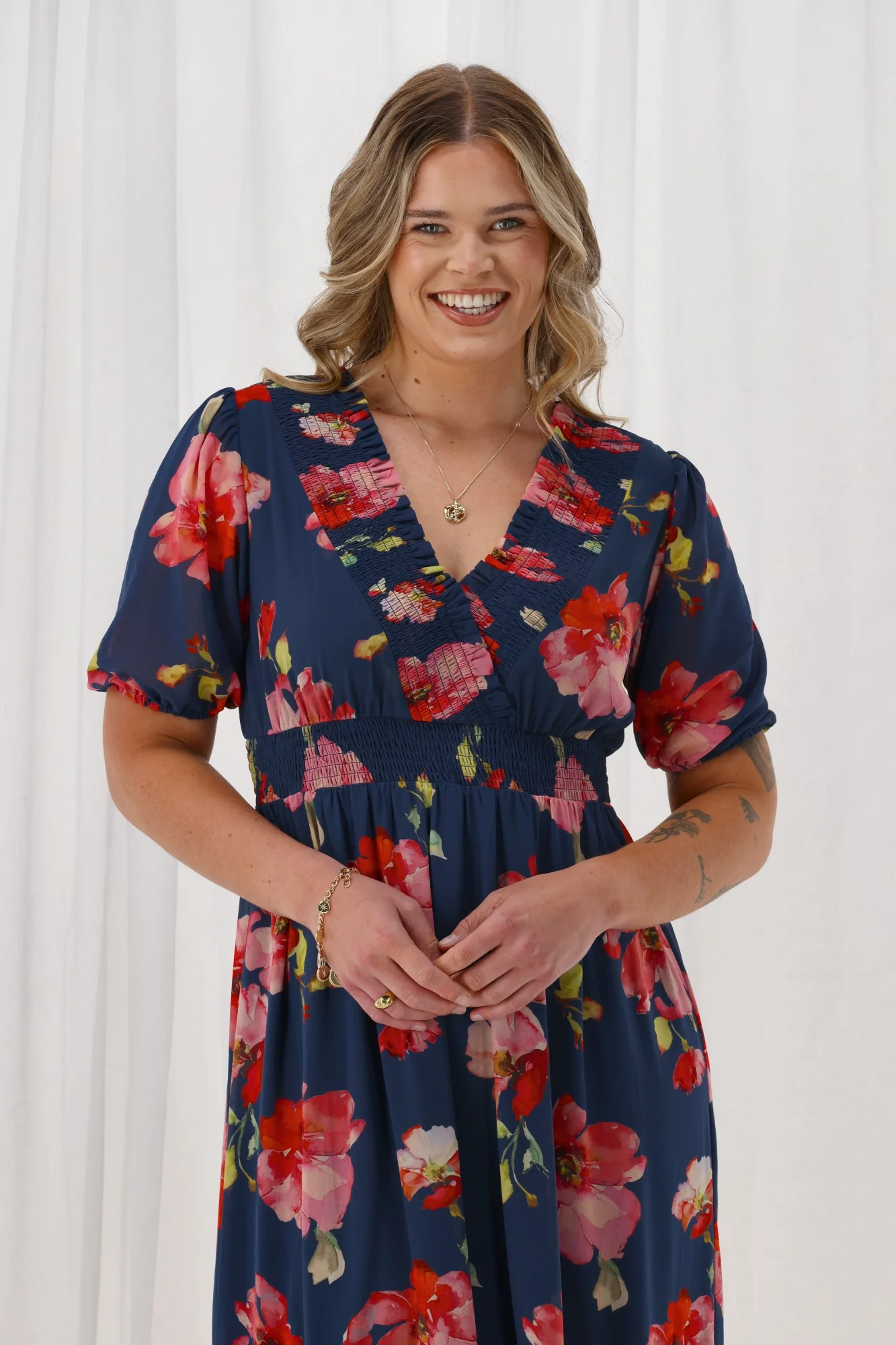 Gloss The Label Archie Shirred Cross Over Maxi Tiered Dress Midnight Floral - Image 2