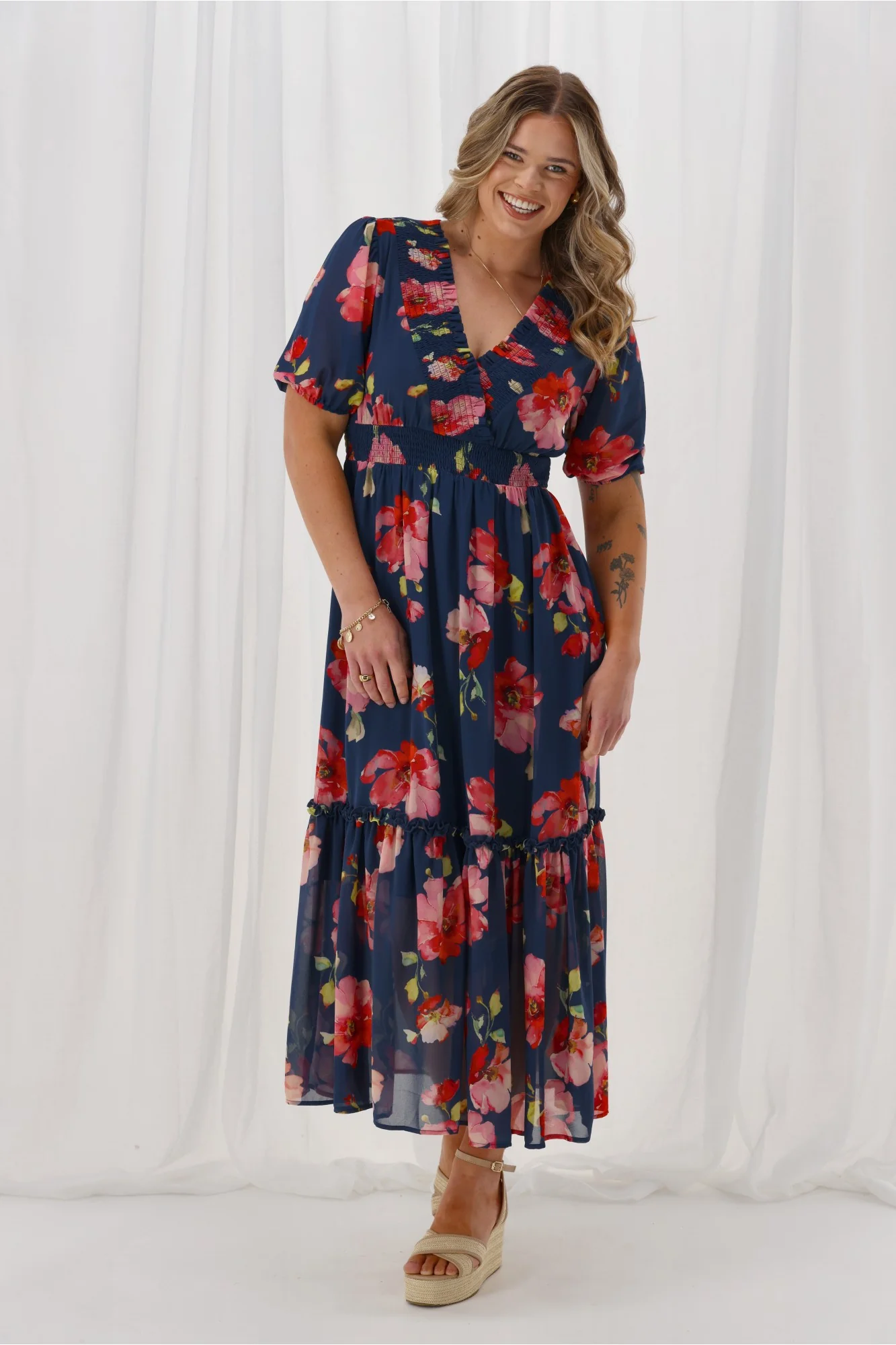Gloss The Label Archie Shirred Cross Over Maxi Tiered Dress Midnight Floral - Image 3