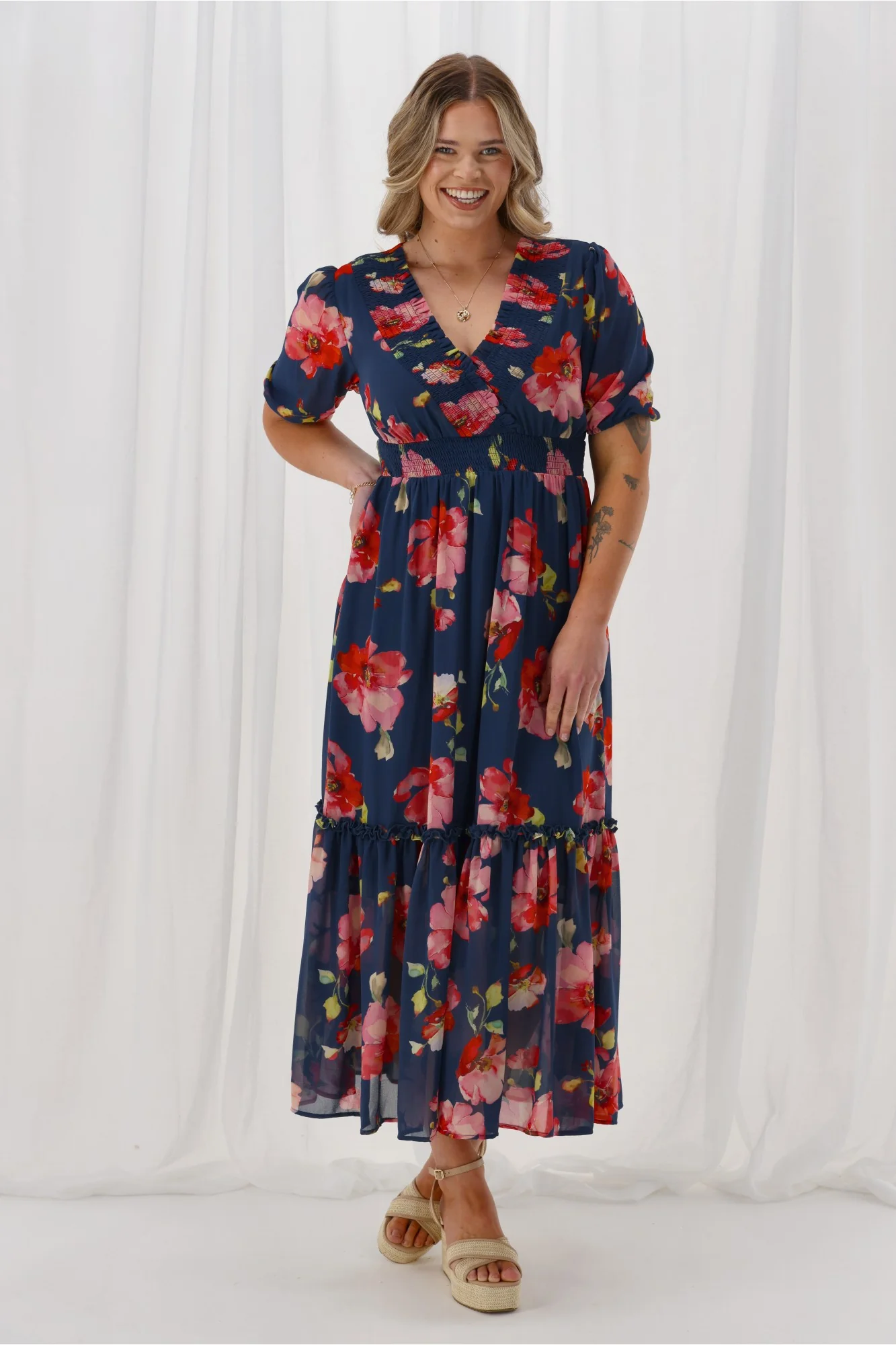 Gloss The Label Archie Shirred Cross Over Maxi Tiered Dress Midnight Floral - Image 4