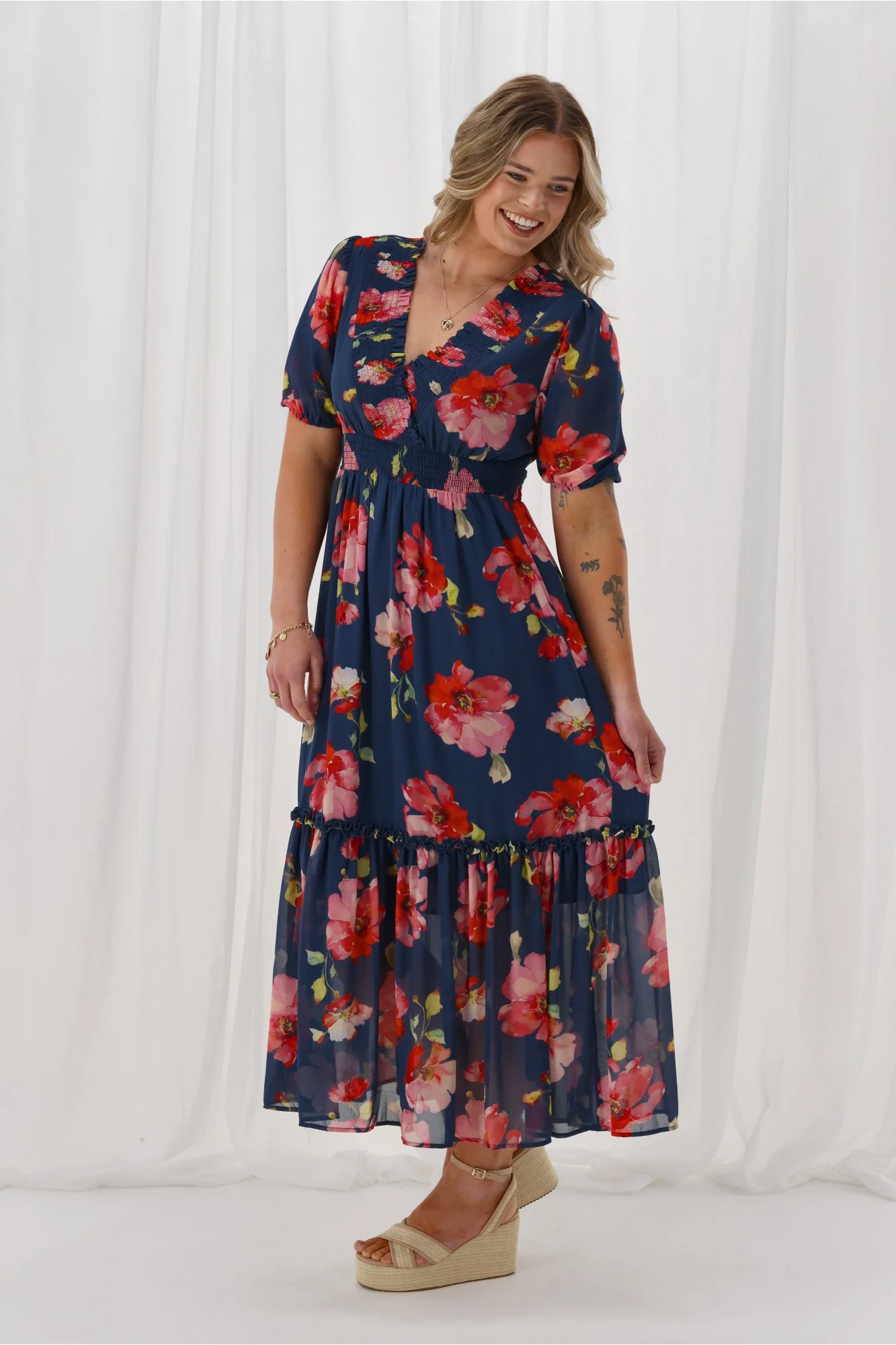 Gloss The Label Archie Shirred Cross Over Maxi Tiered Dress Midnight Floral - Image 5