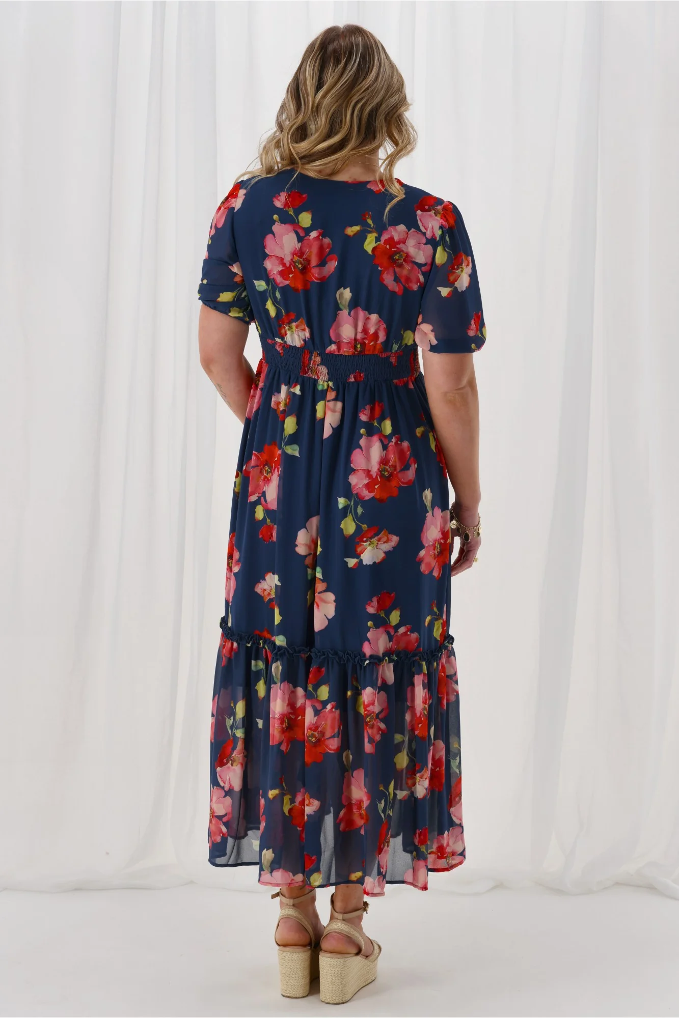 Gloss The Label Archie Shirred Cross Over Maxi Tiered Dress Midnight Floral - Image 6