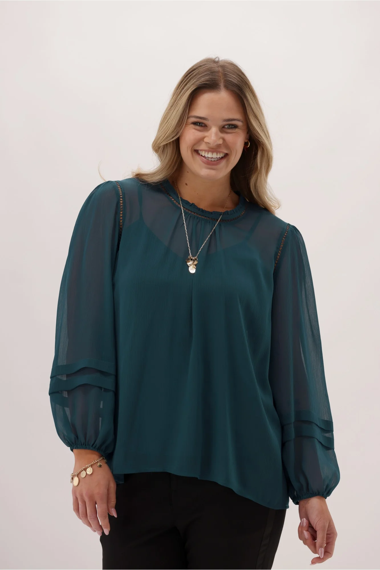 Gloss The Label Aristotle Sheer High Neck Blouse Teal