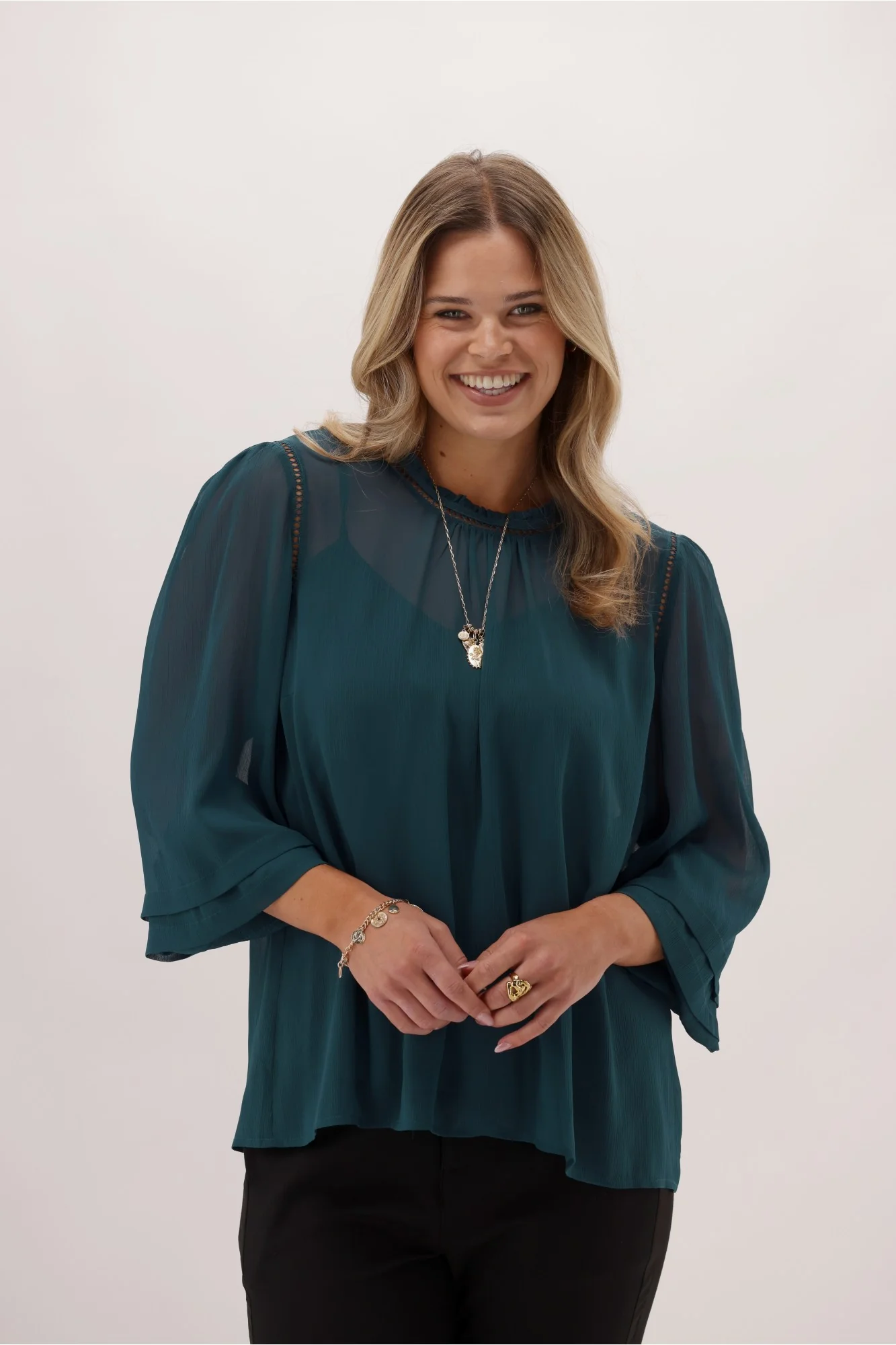 Gloss The Label Aristotle Sheer High Neck Blouse Teal - Image 2