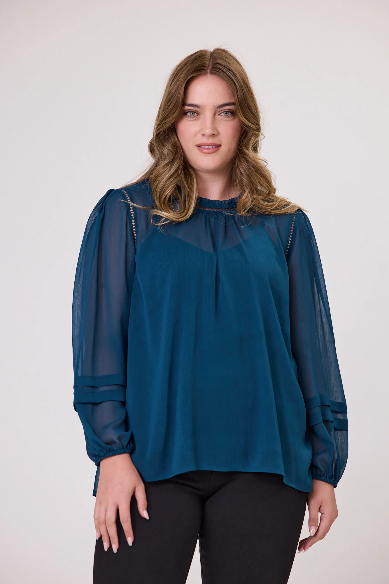 Gloss The Label Aristotle Sheer High Neck Blouse Teal - Image 3
