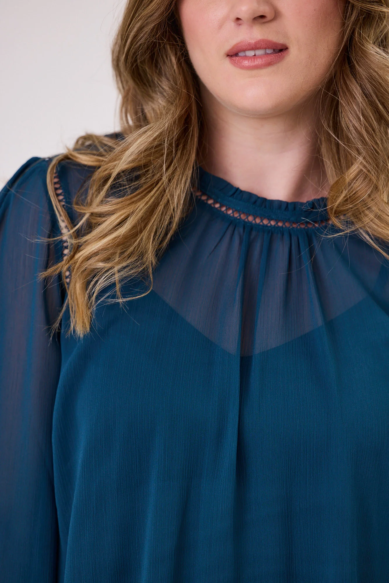 Gloss The Label Aristotle Sheer High Neck Blouse Teal - Image 4