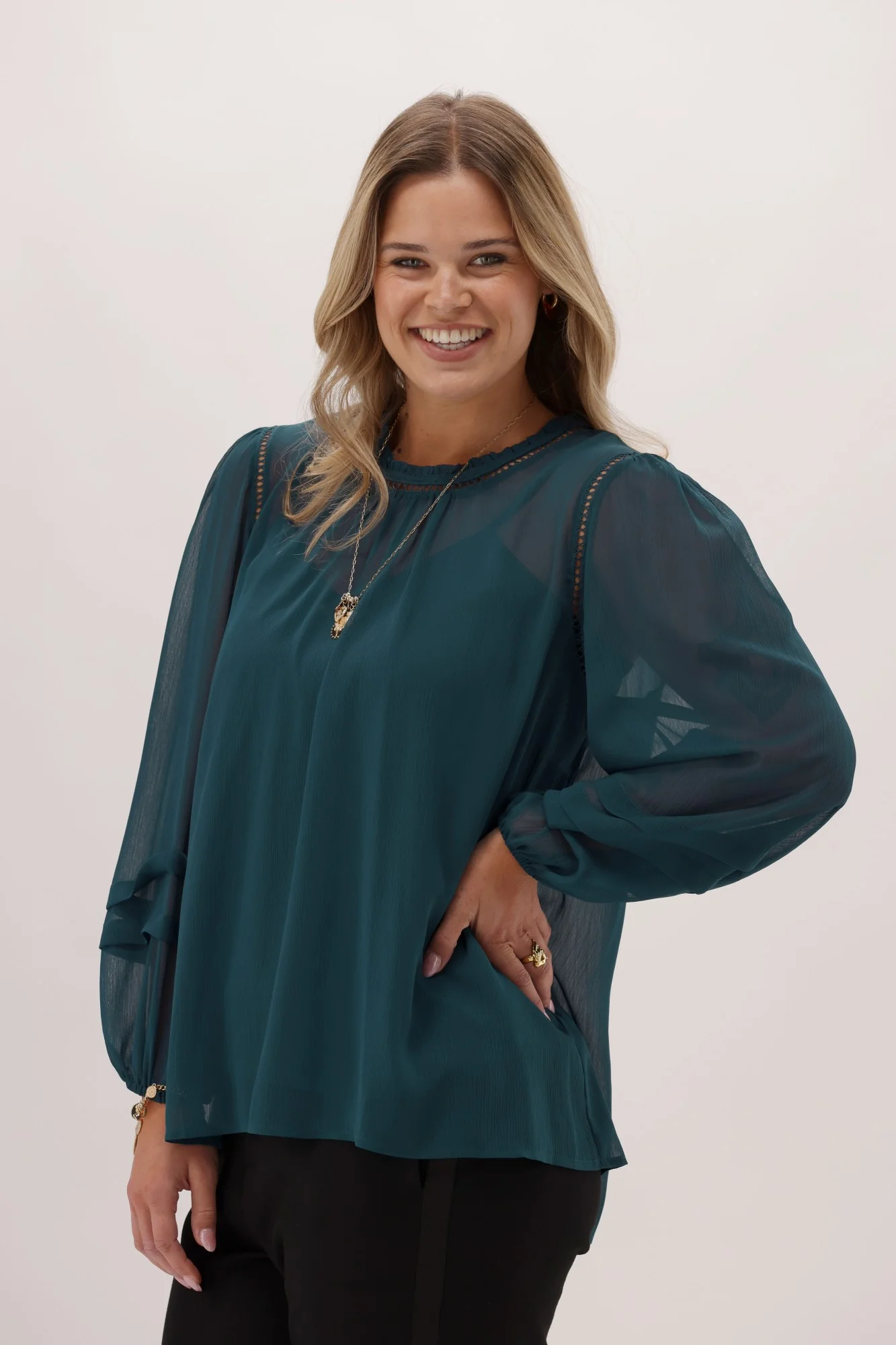 Gloss The Label Aristotle Sheer High Neck Blouse Teal - Image 5