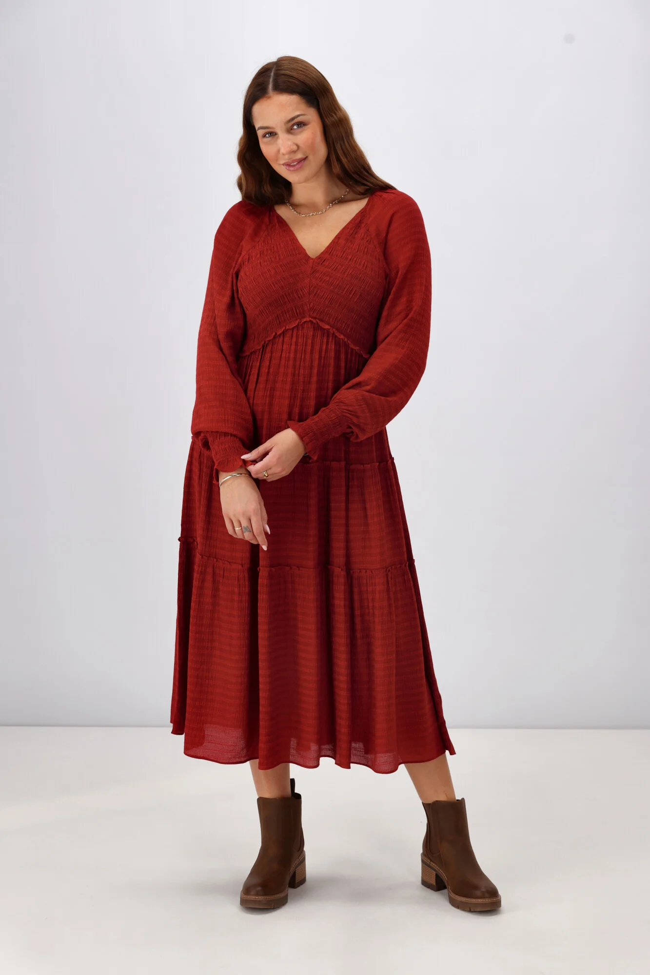 Gloss The Label Aurelia Angle Shirred Bodice Dress Wine - Image 7