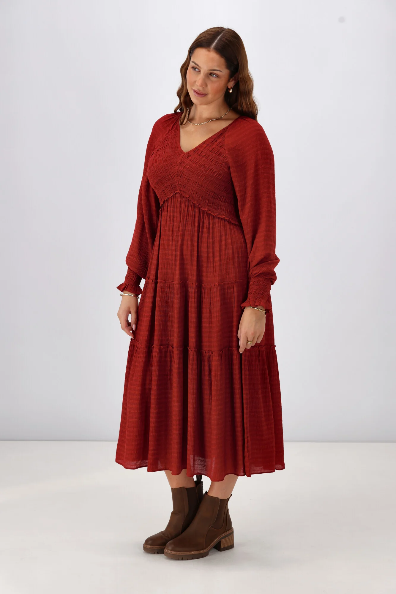 Gloss The Label Aurelia Angle Shirred Bodice Dress Wine - Image 8