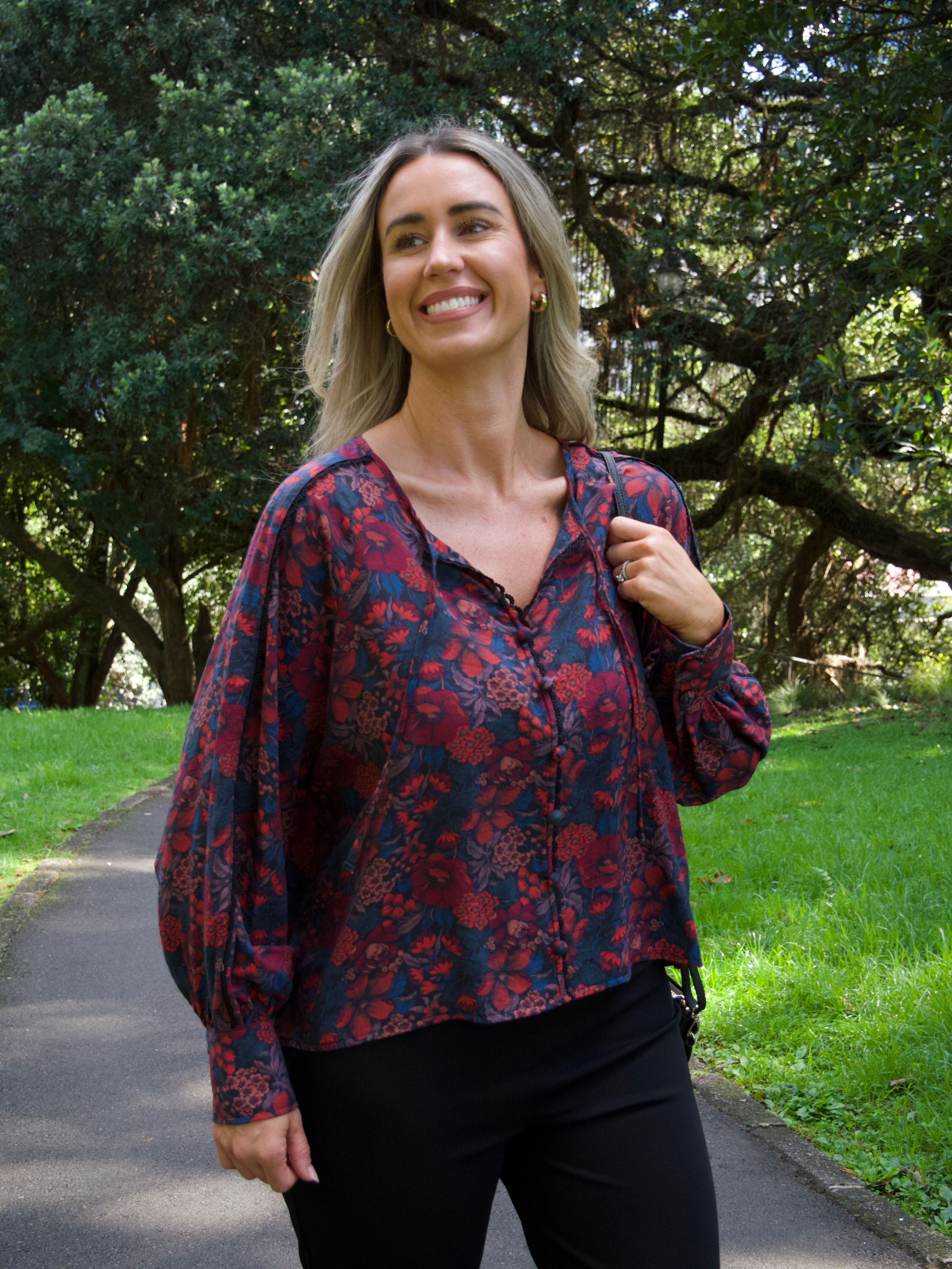 Gloss The Label Brie Tie Neck Blouse Twilight Floral