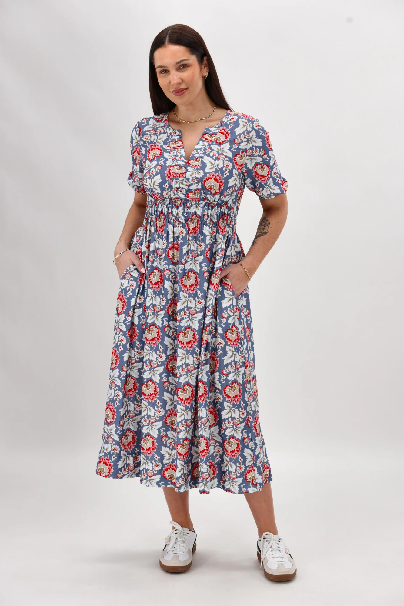 Gloss The Label Caughey Gather V Neck Detail Dress Blue Paisley Floral