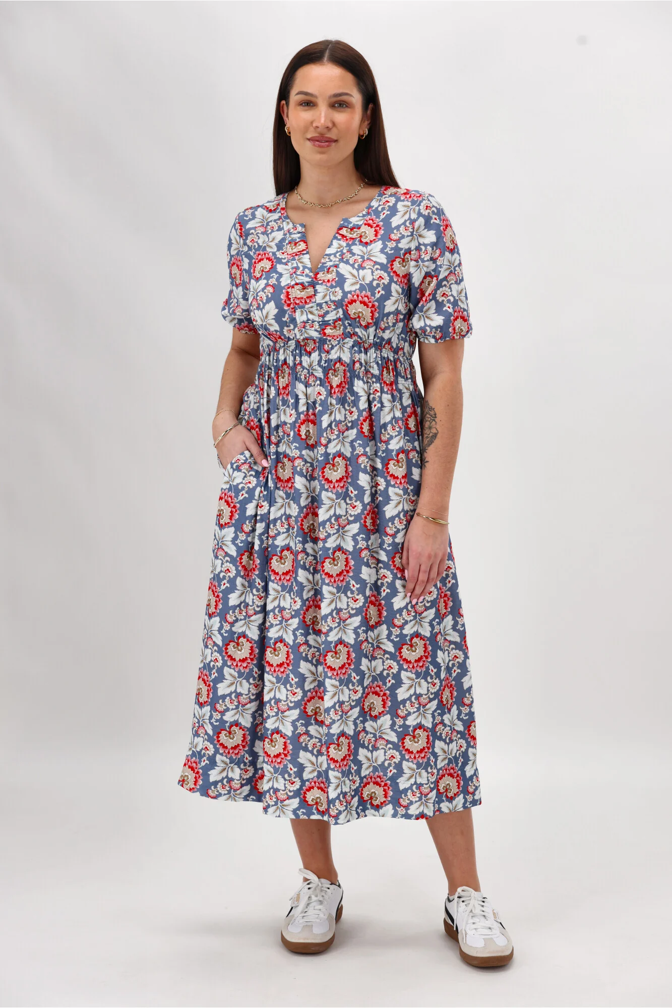 Gloss The Label Caughey Gather V Neck Detail Dress Blue Paisley Floral - Image 4