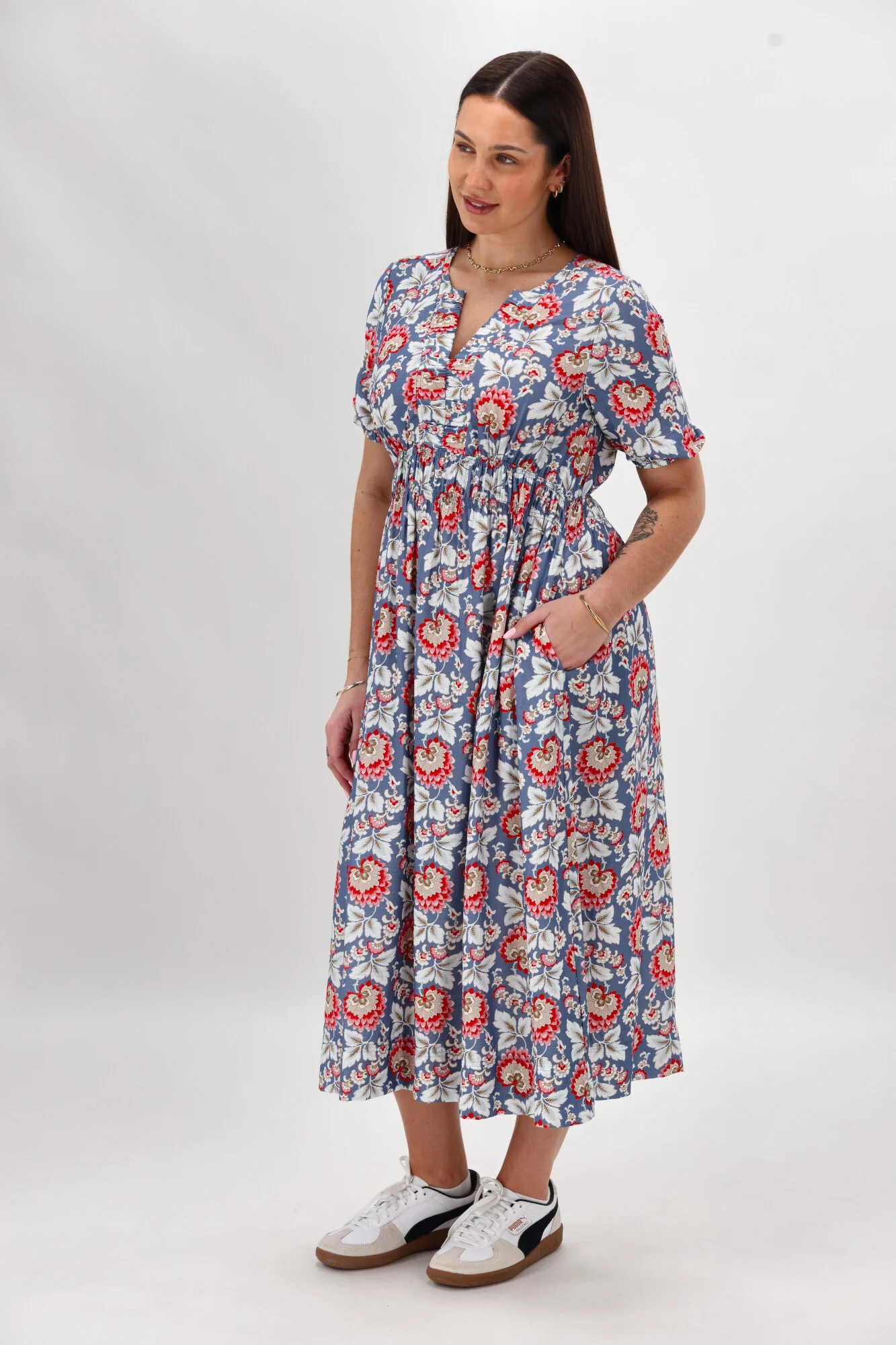 Gloss The Label Caughey Gather V Neck Detail Dress Blue Paisley Floral - Image 5