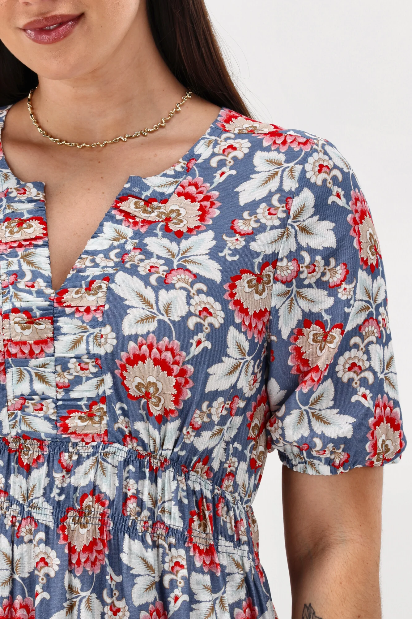 Gloss The Label Caughey Gather V Neck Detail Dress Blue Paisley Floral - Image 6
