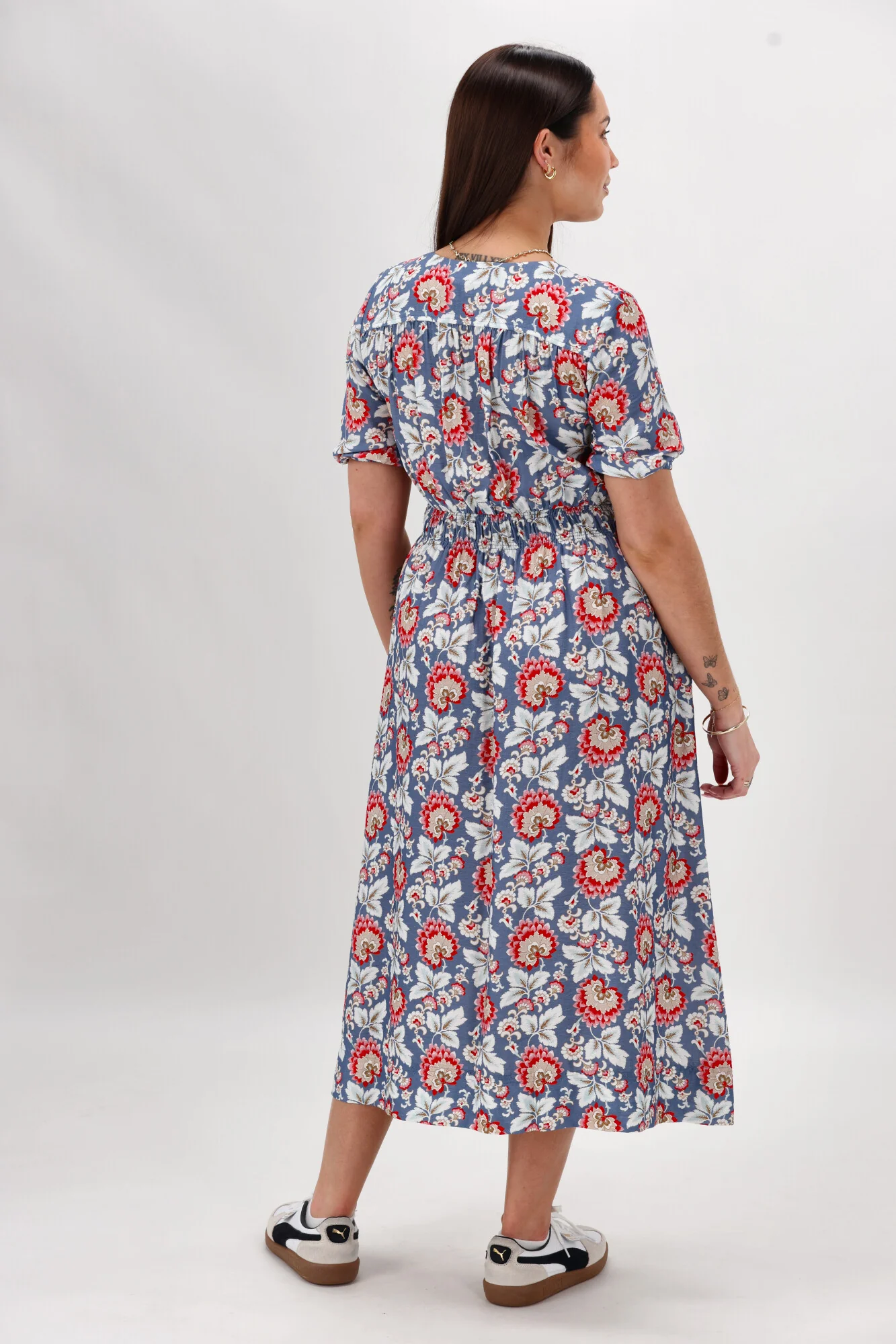 Gloss The Label Caughey Gather V Neck Detail Dress Blue Paisley Floral - Image 7