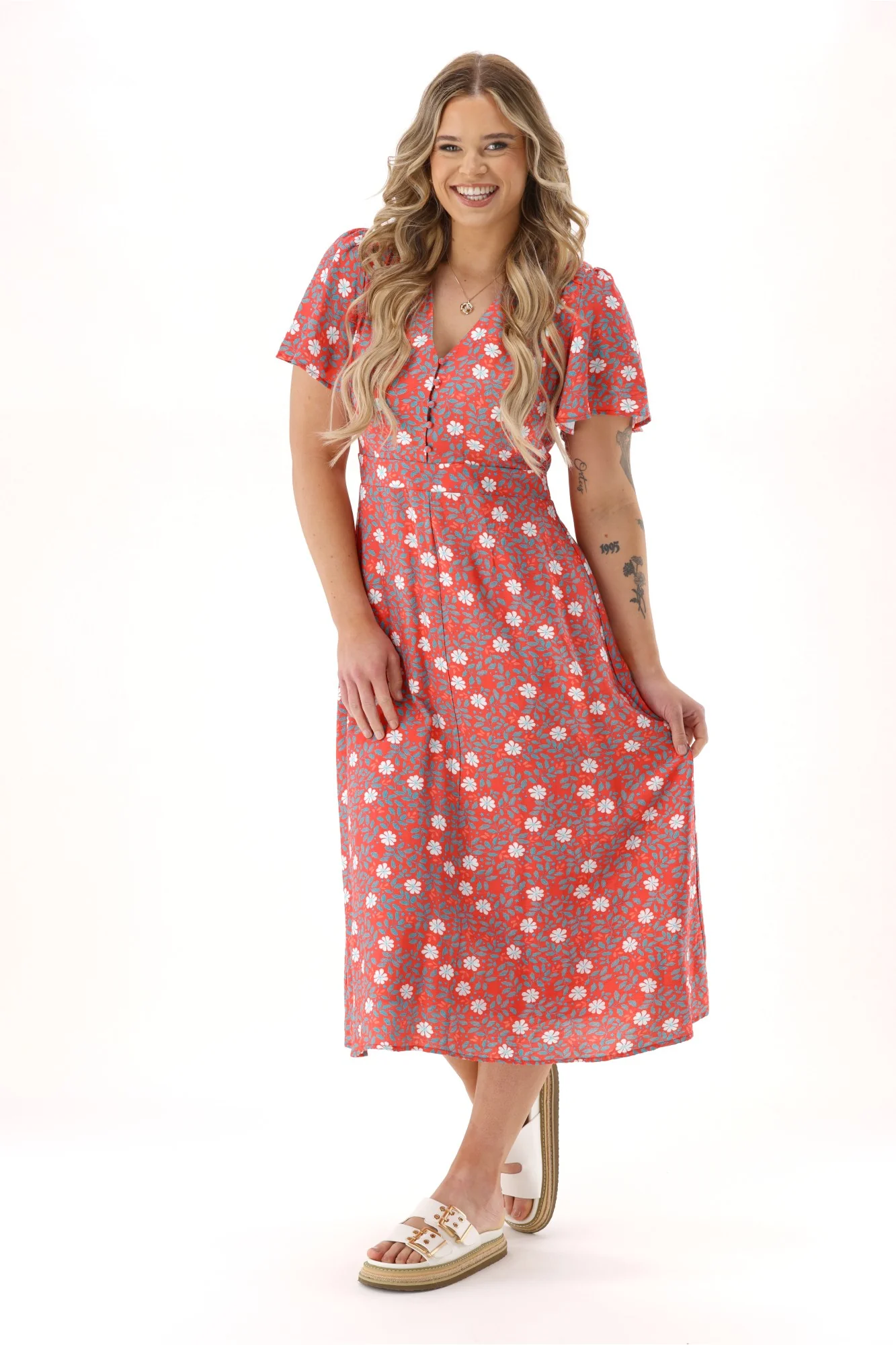 Gloss The Label Cheyenne Flutter Sleeve Dress Orange Floral - Image 4