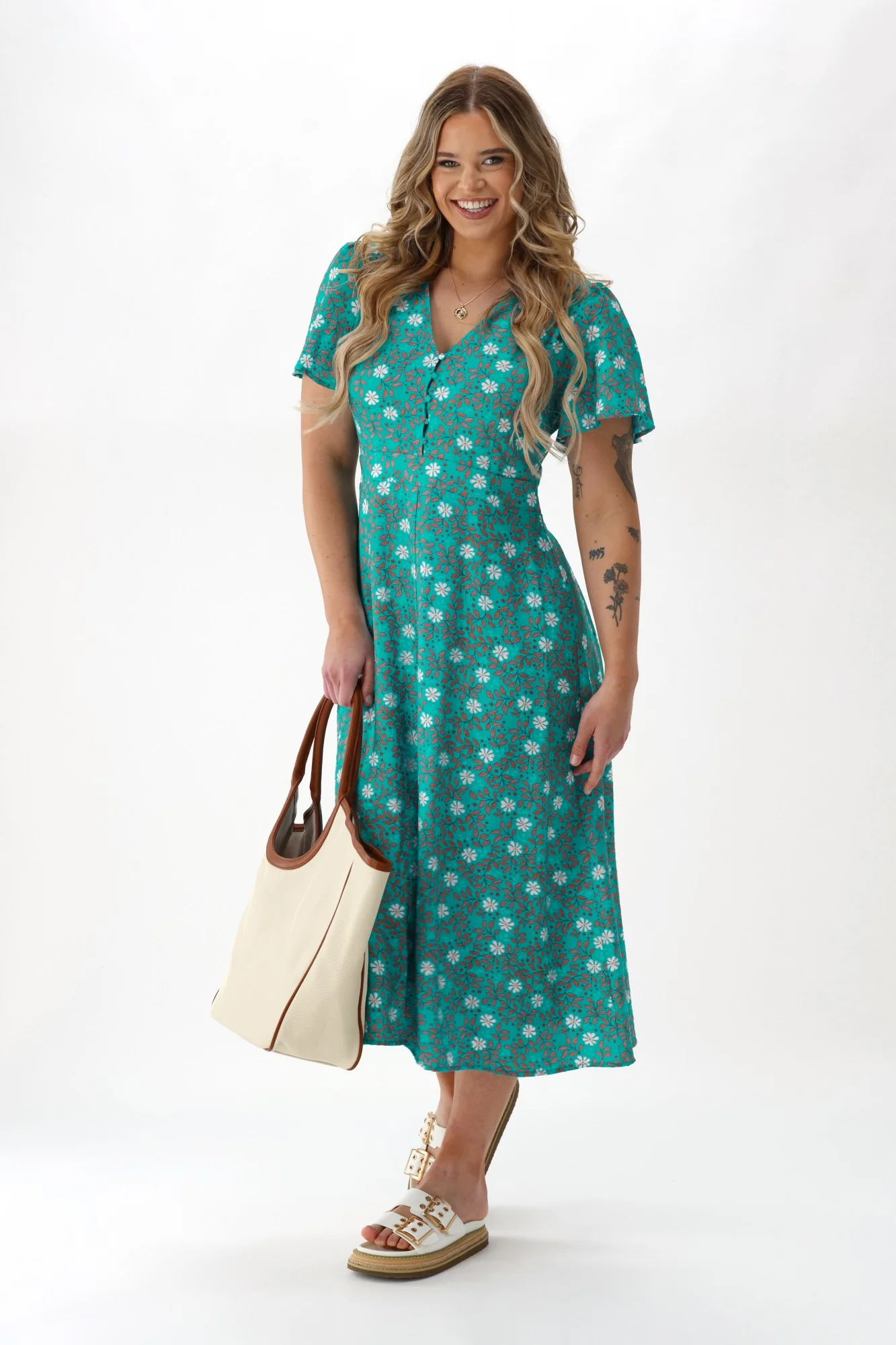 Gloss The Label Cheyenne Flutter Sleeve Dress Turquoise Floral