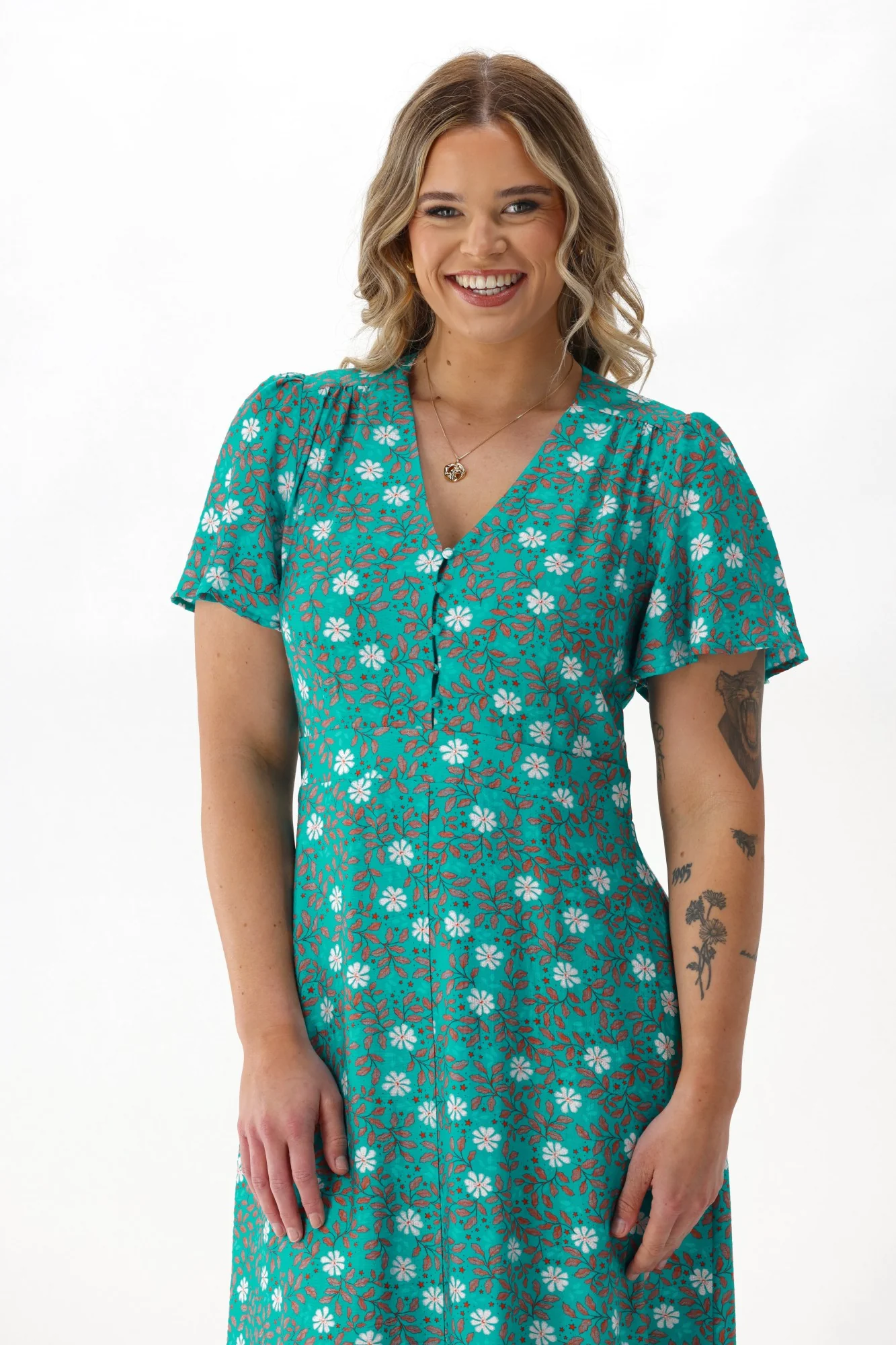 Gloss The Label Cheyenne Flutter Sleeve Dress Turquoise Floral - Image 3