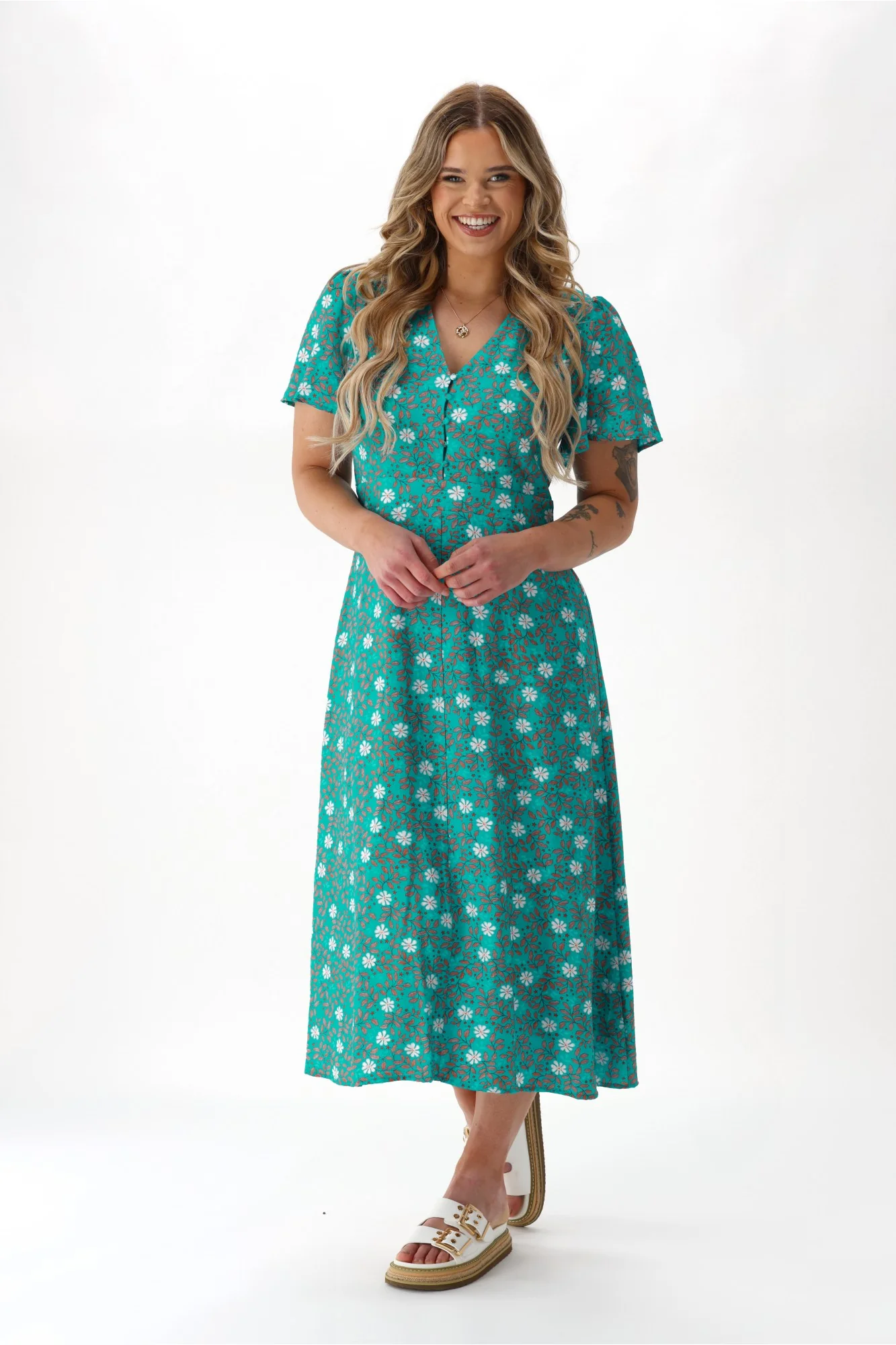 Gloss The Label Cheyenne Flutter Sleeve Dress Turquoise Floral - Image 4