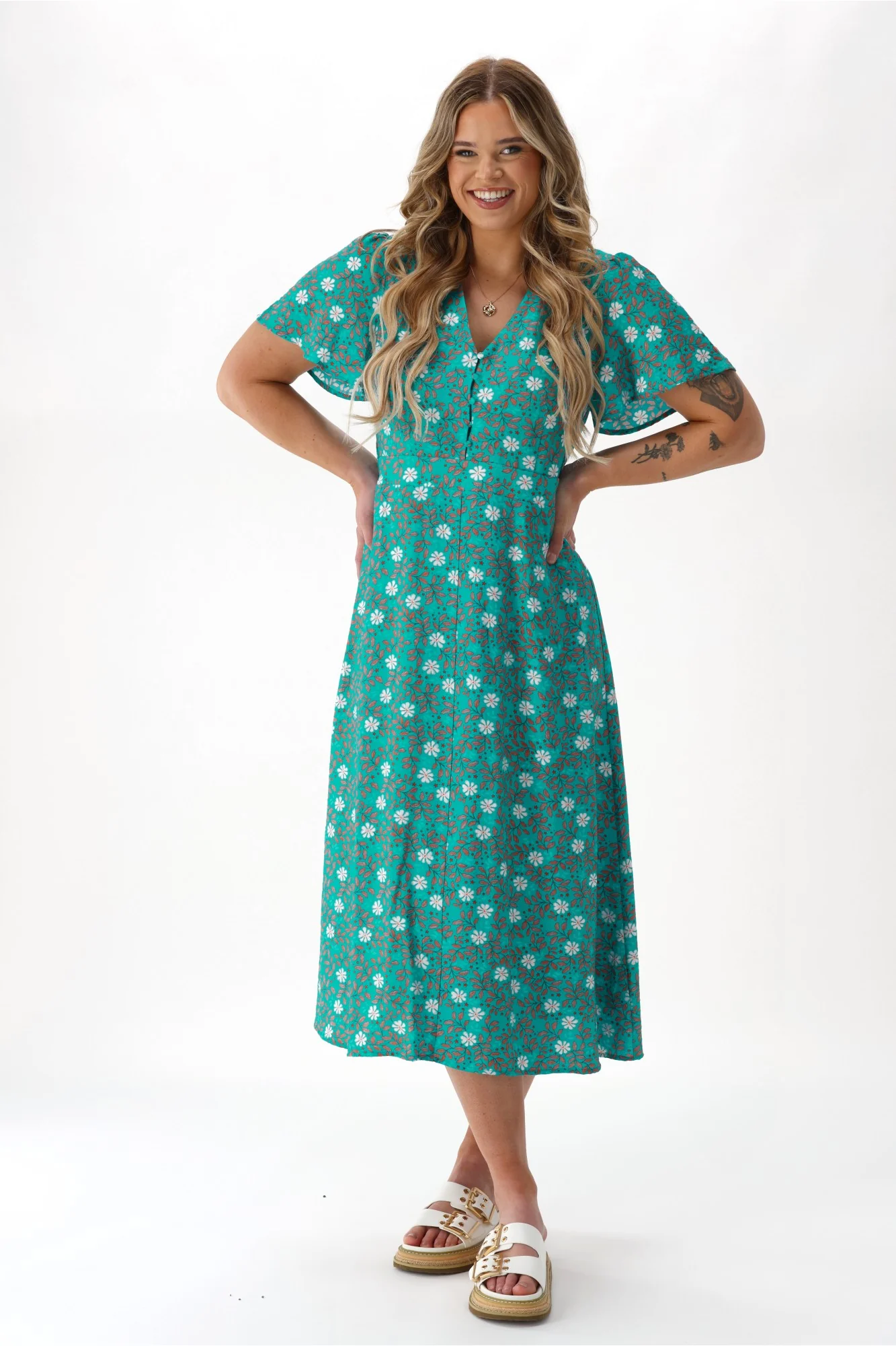 Gloss The Label Cheyenne Flutter Sleeve Dress Turquoise Floral - Image 5