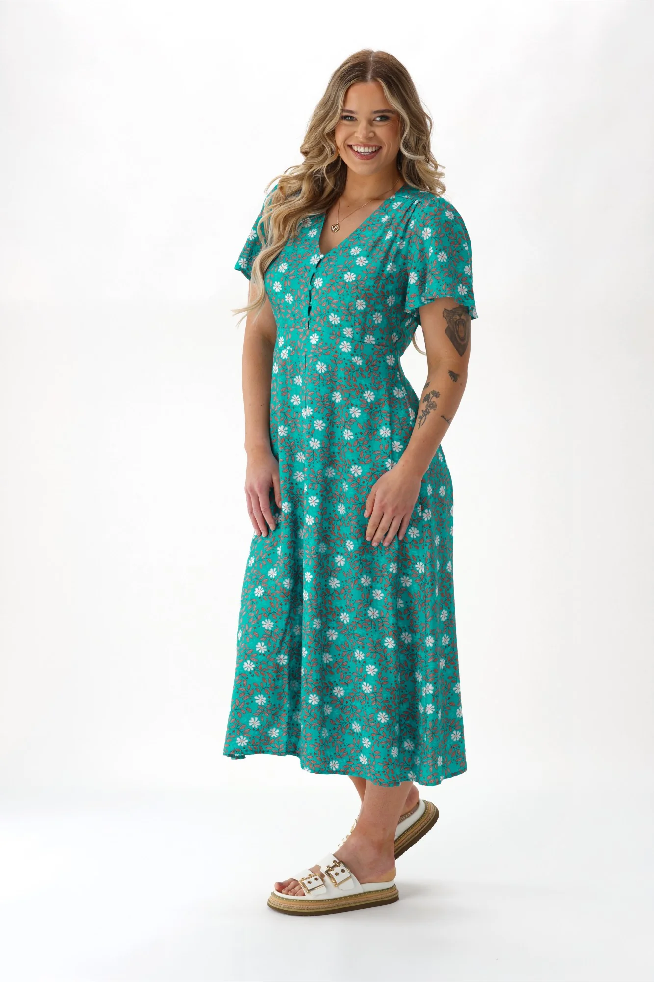 Gloss The Label Cheyenne Flutter Sleeve Dress Turquoise Floral - Image 6