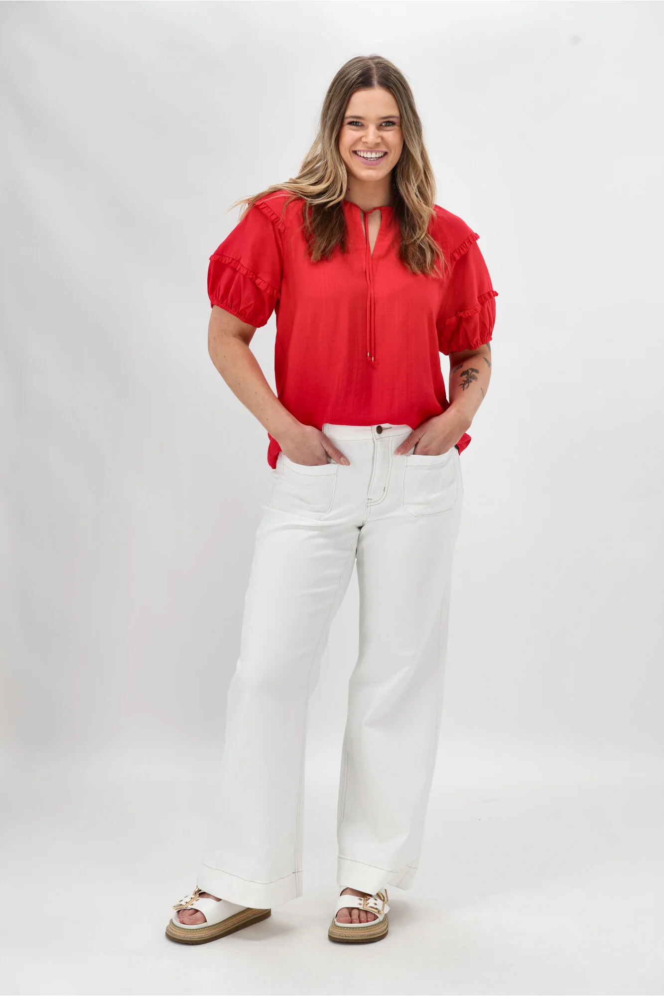 Gloss The Label Clea Frill Detail Puff Sleeve Top Coral