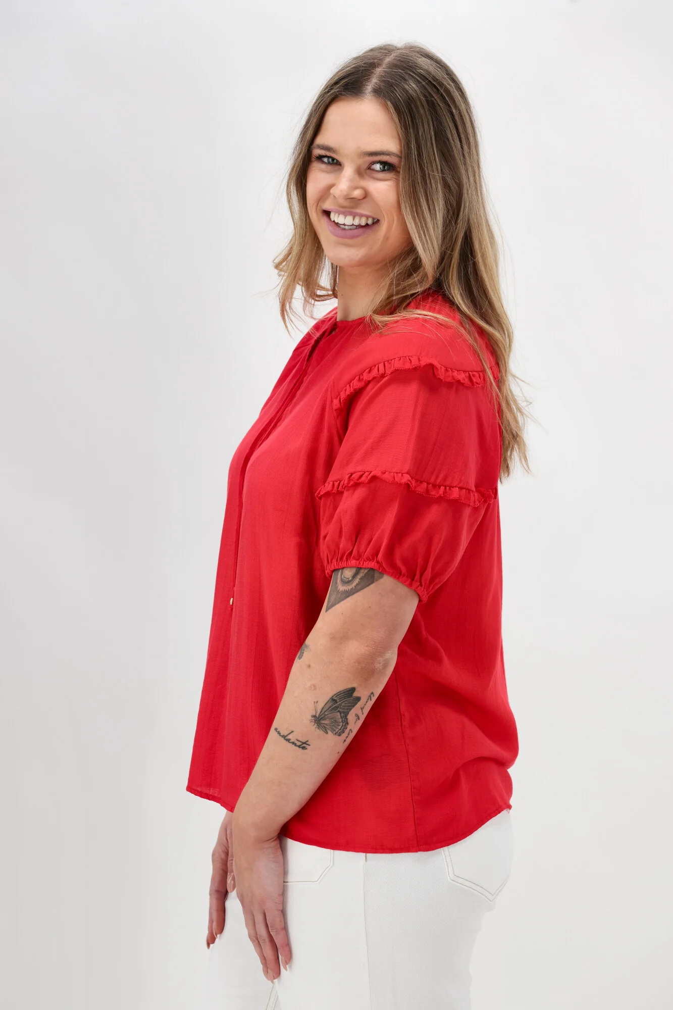 Gloss The Label Clea Frill Detail Puff Sleeve Top Coral - Image 6