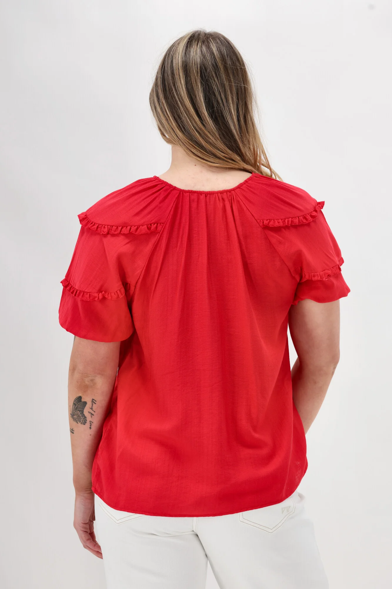 Gloss The Label Clea Frill Detail Puff Sleeve Top Coral - Image 7