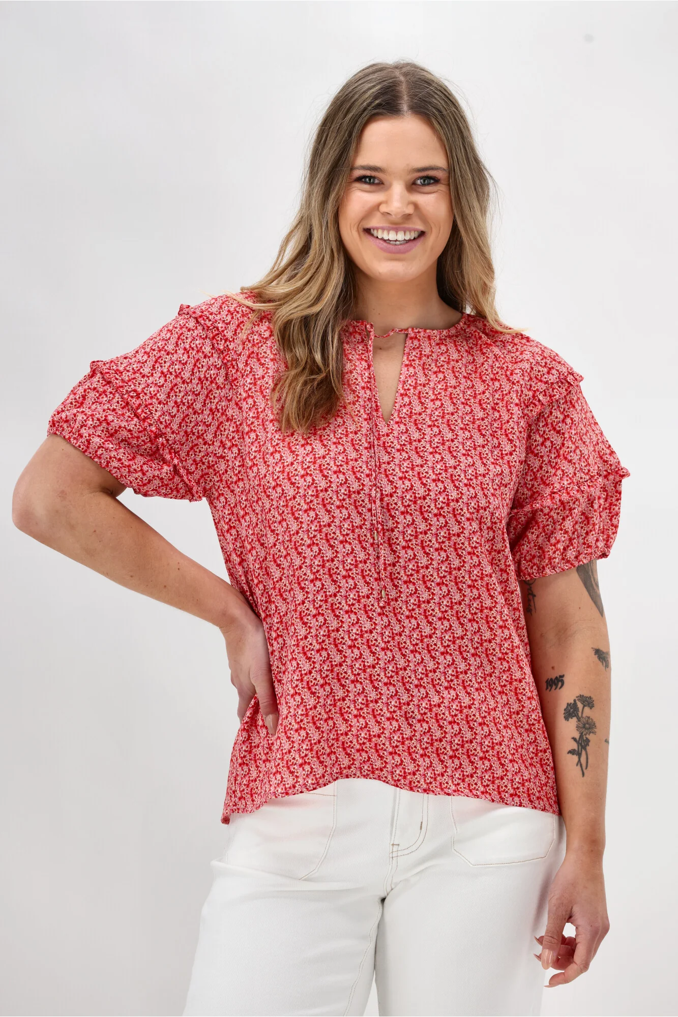 Gloss The Label Clea Frill Detail Puff Sleeve Top Print - Image 2