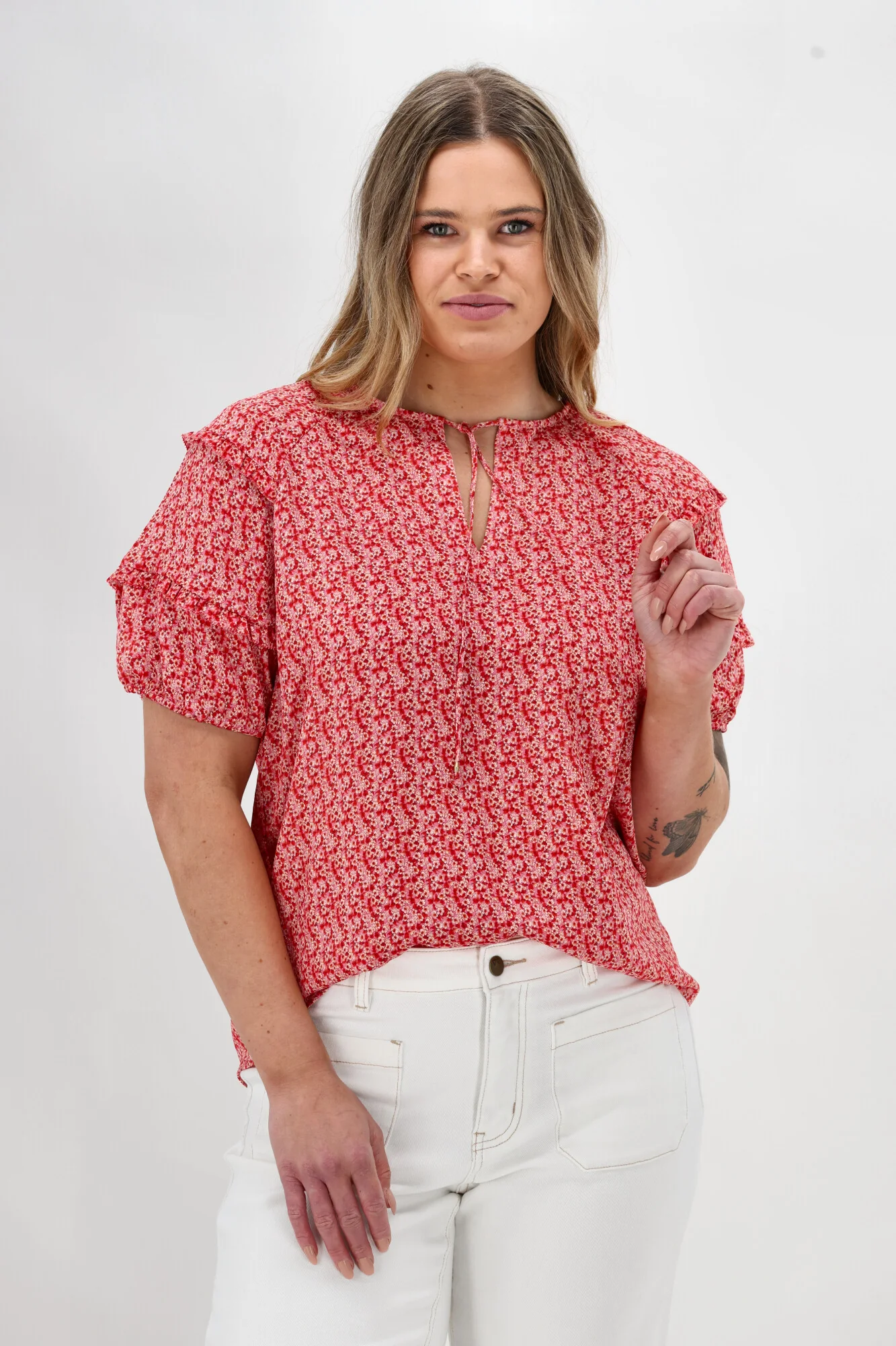 Gloss The Label Clea Frill Detail Puff Sleeve Top Print - Image 3