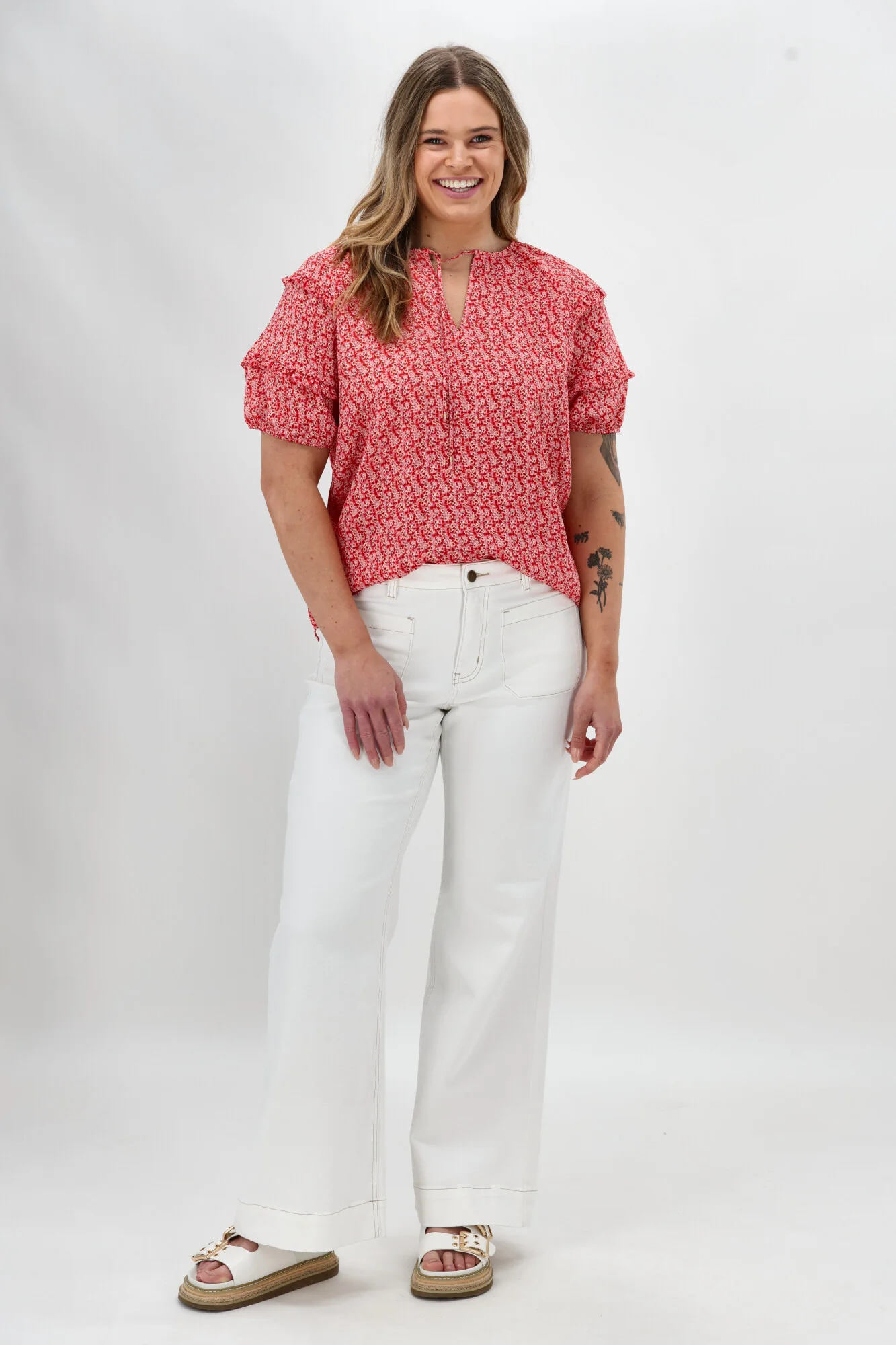 Gloss The Label Clea Frill Detail Puff Sleeve Top Print - Image 5