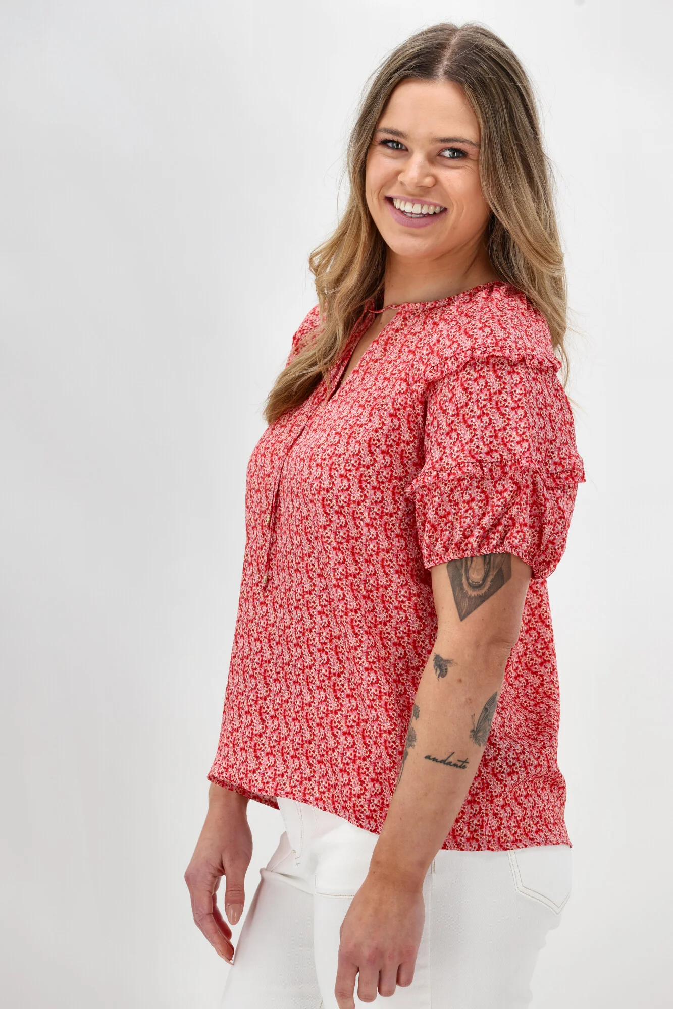 Gloss The Label Clea Frill Detail Puff Sleeve Top Print - Image 6