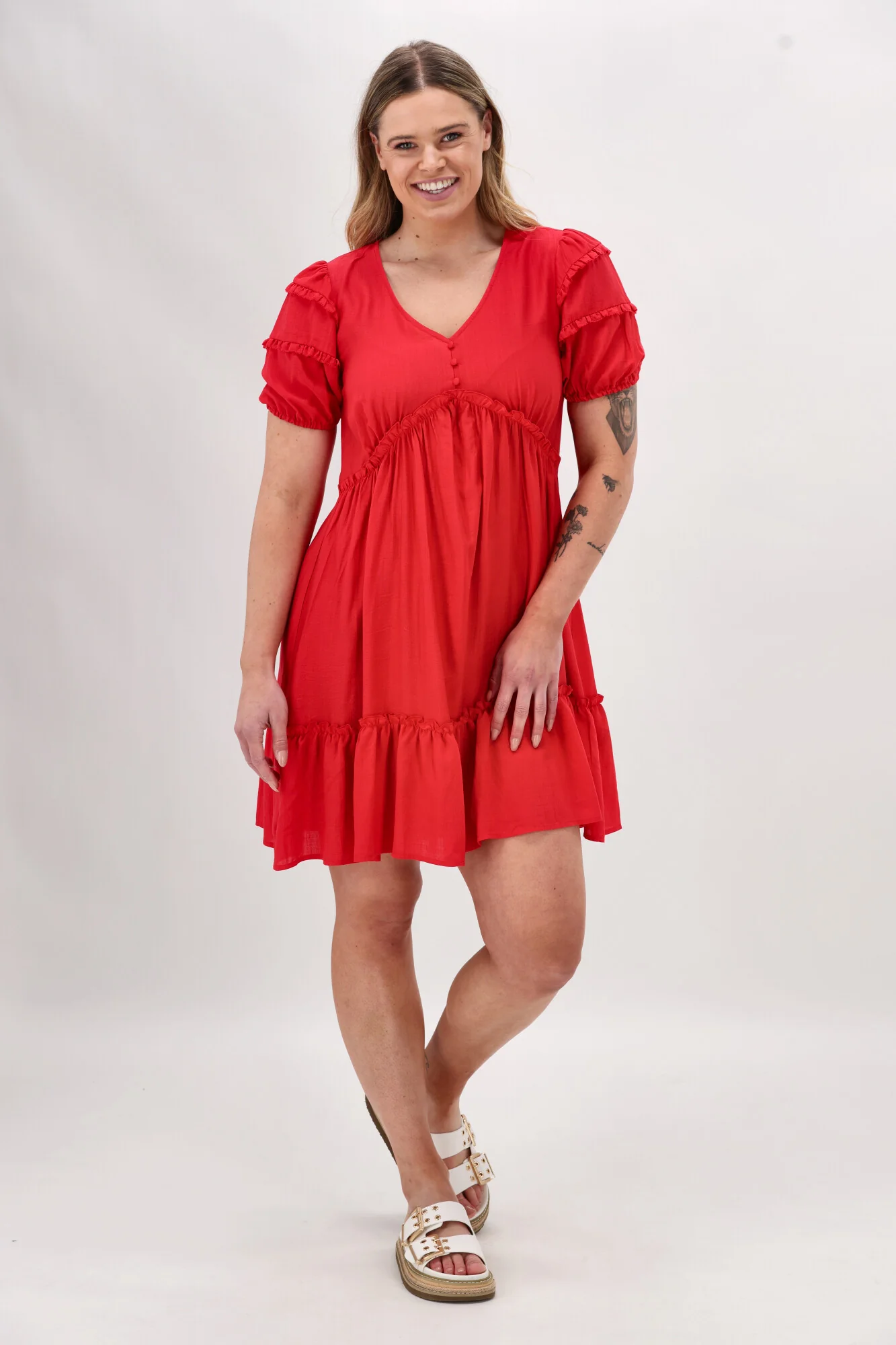 Gloss The Label Dale Frill Detail Puff Sleeve Dress Coral