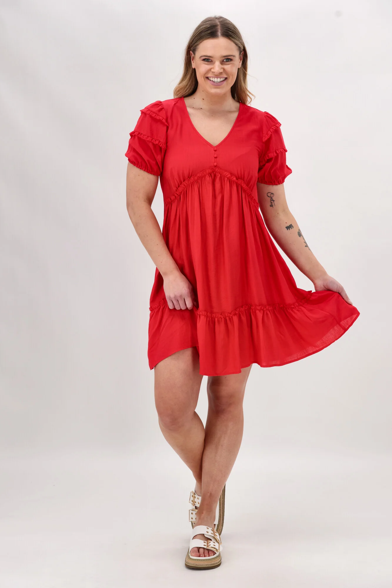 Gloss The Label Dale Frill Detail Puff Sleeve Dress Coral - Image 2