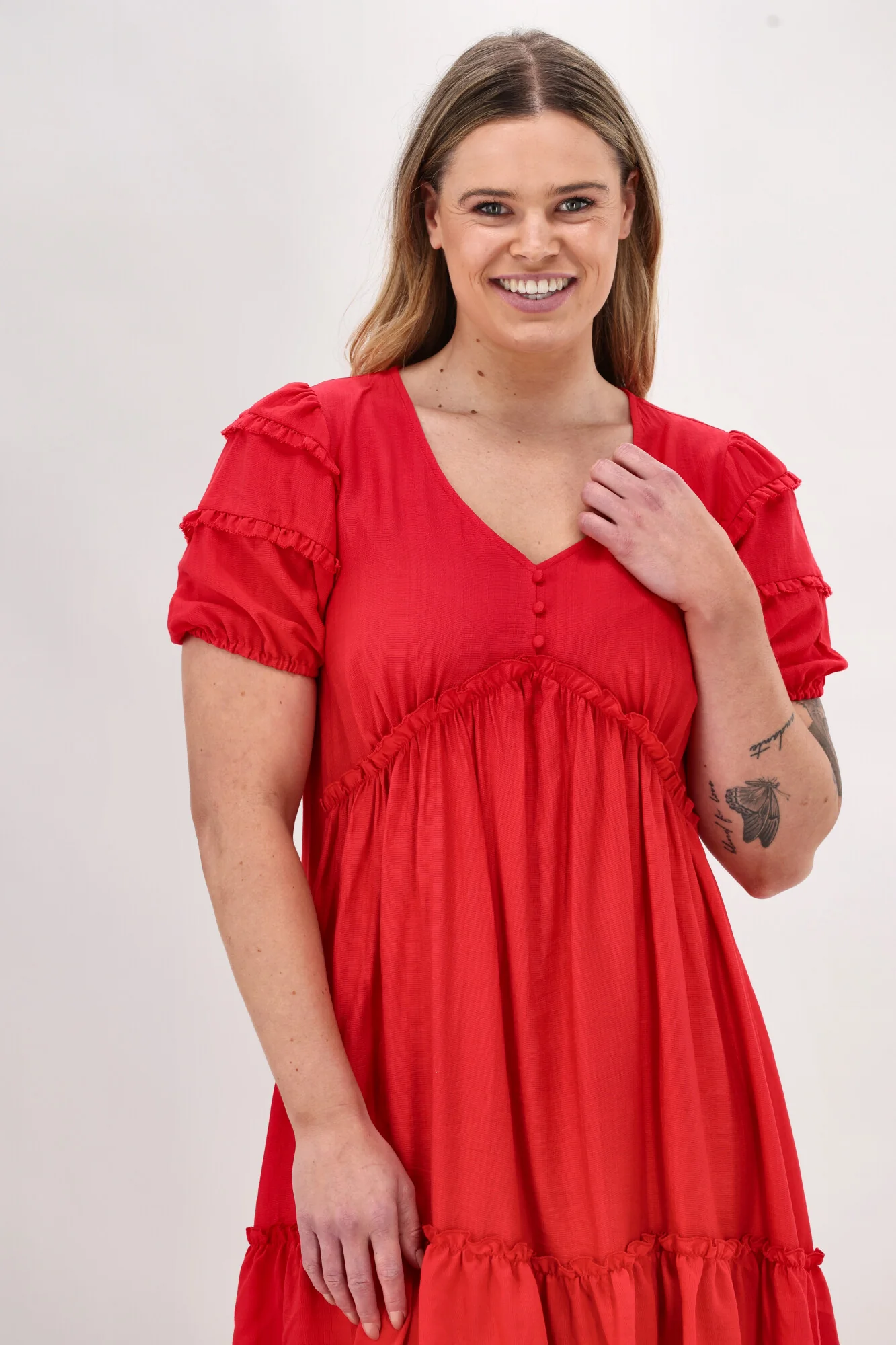 Gloss The Label Dale Frill Detail Puff Sleeve Dress Coral - Image 4